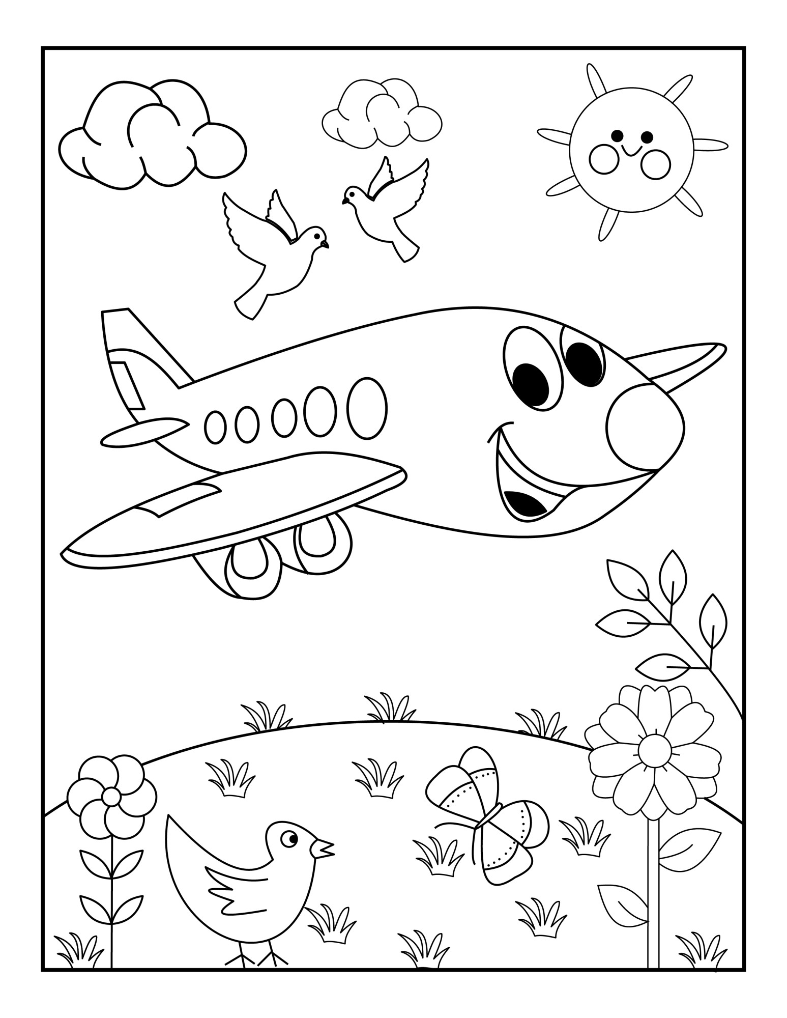 Раскраска для детей: игрушечный самолет с лицом