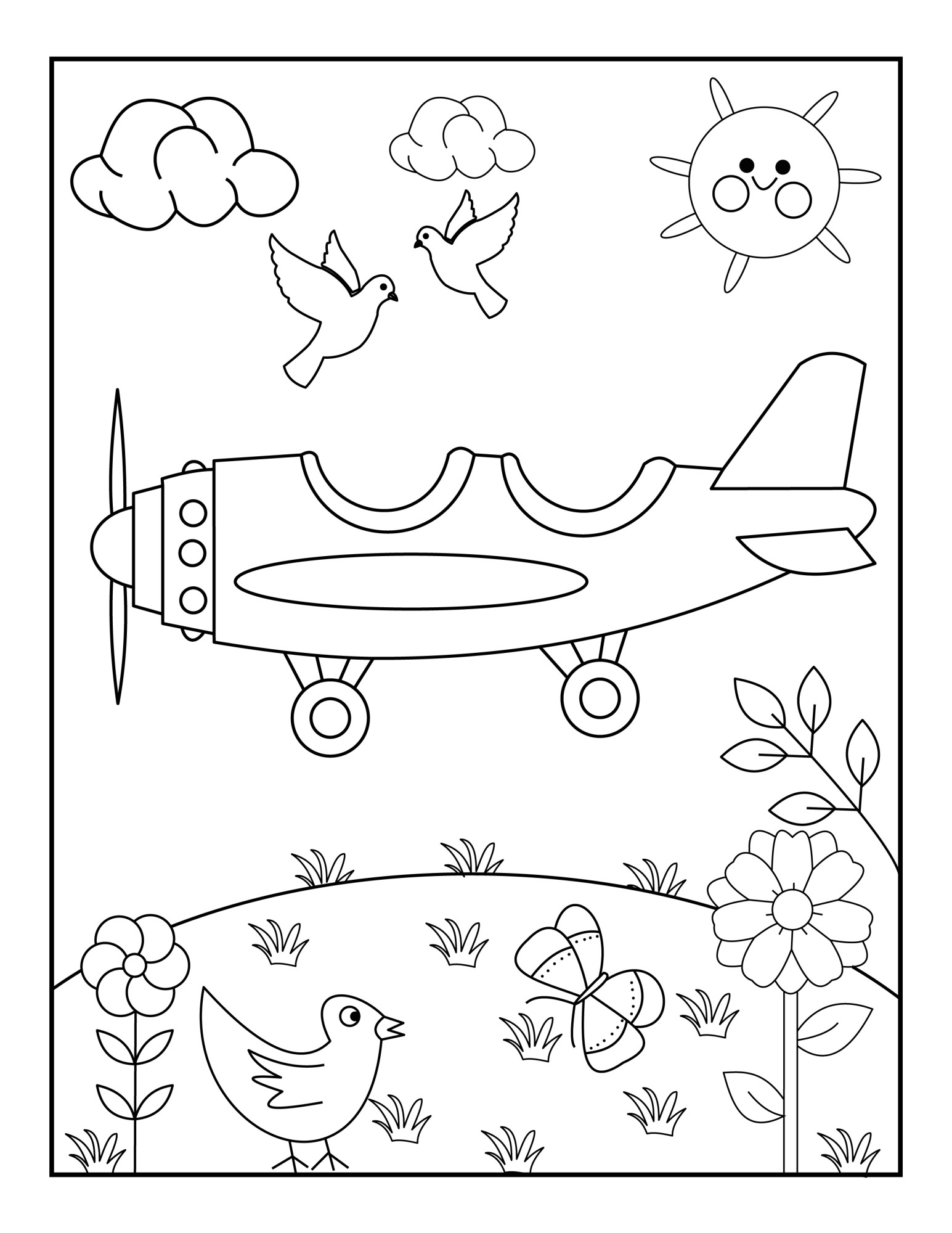 Раскраска для детей: игрушечное воздушное судно над лужайкой