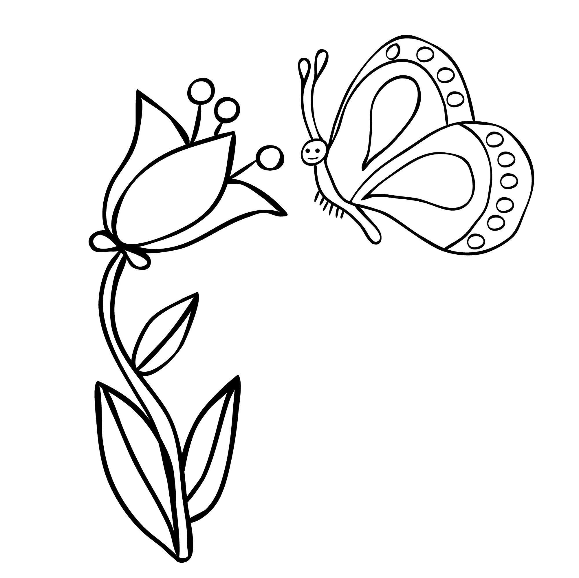 Раскраска для детей: бабочка прилетела к цветку колокольчик