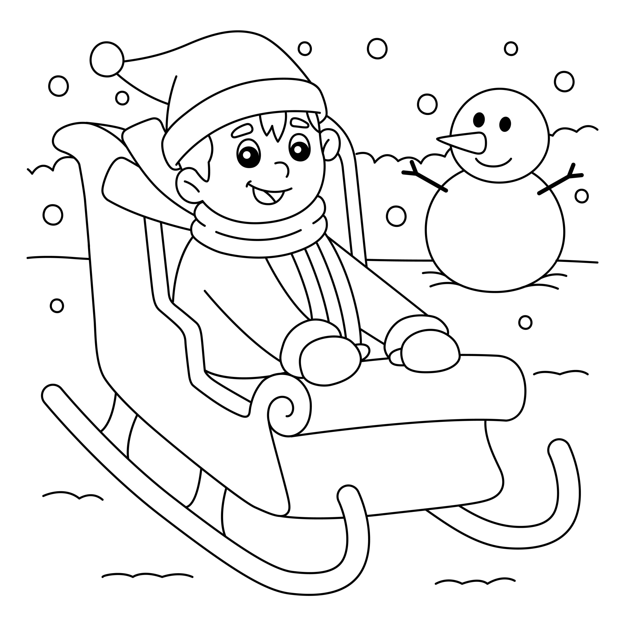 Раскраска для детей: мальчик катается на санках на фоне снеговика