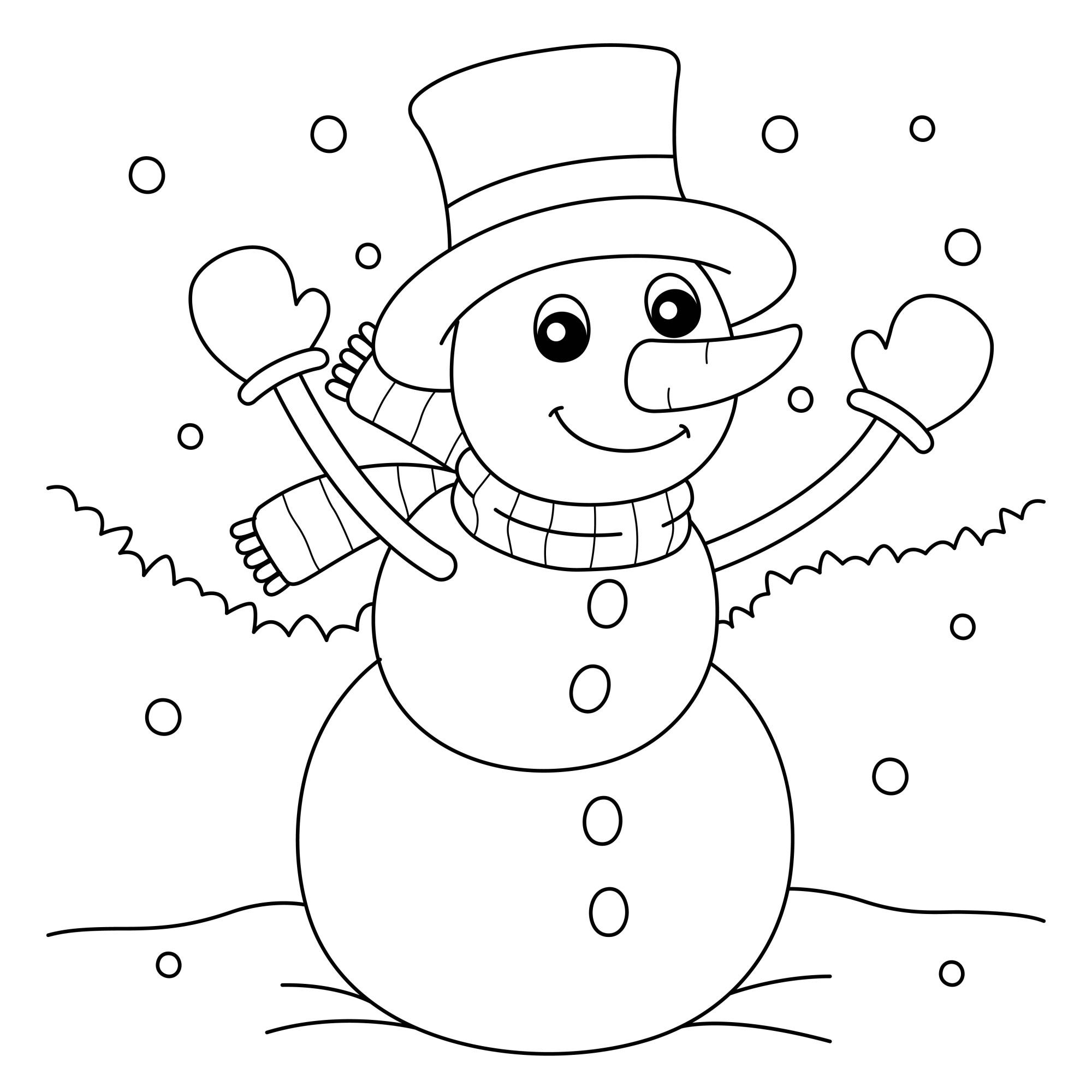 Раскраска для детей: веселый снеговик в шляпе варежках и шарфе