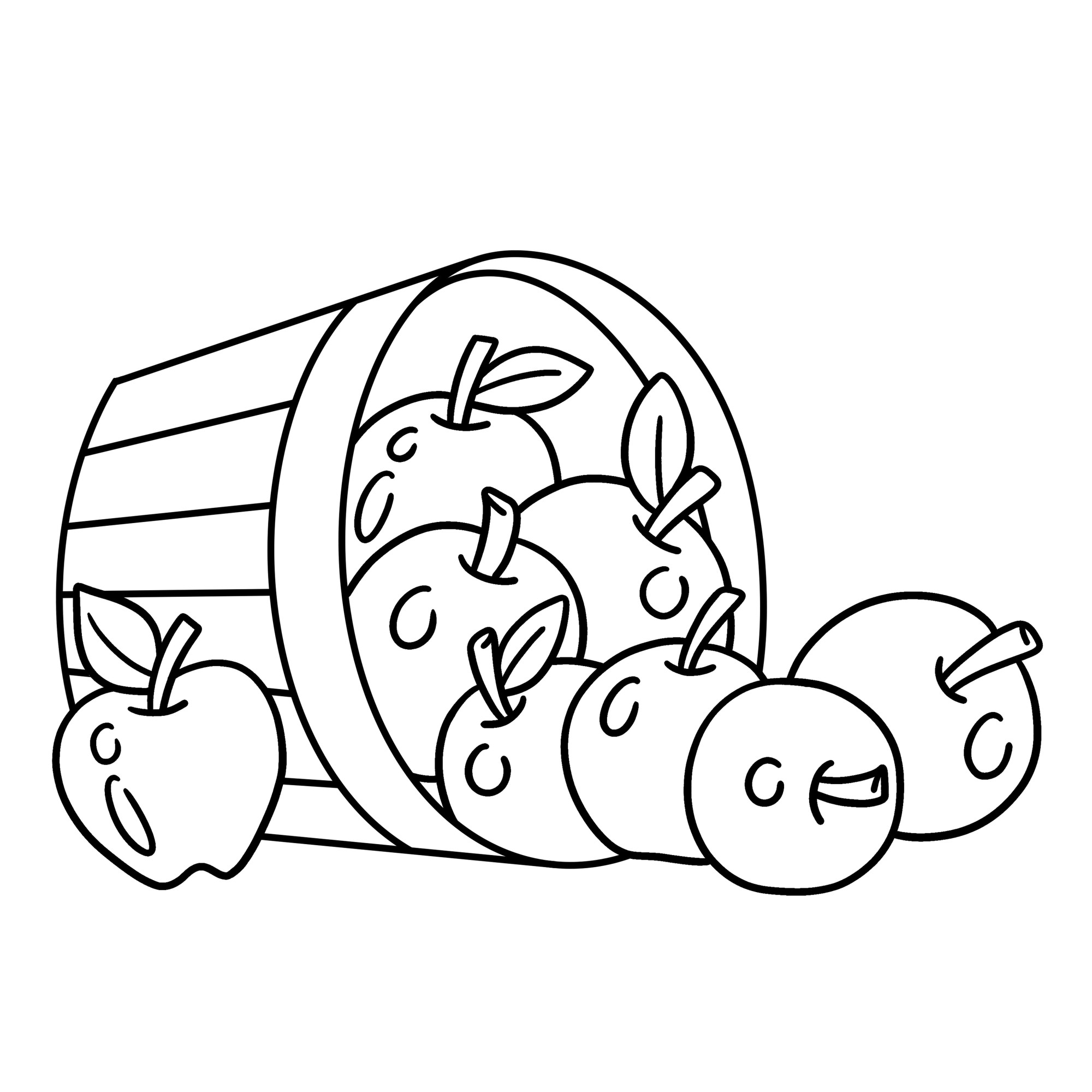 Раскраска для детей: перевернутое лукошко с яблоками