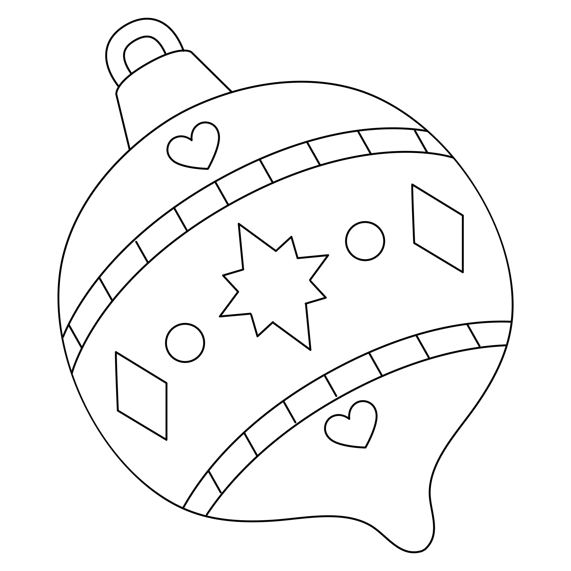 Раскраска для детей: ёлочная игрушка с узорами сердечек и звездочек