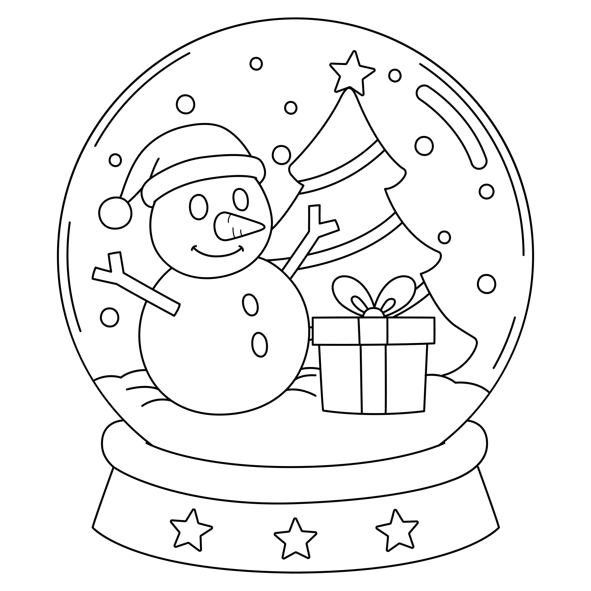 Раскраска для детей: новогодний снежный шар со снеговиком и ёлкой