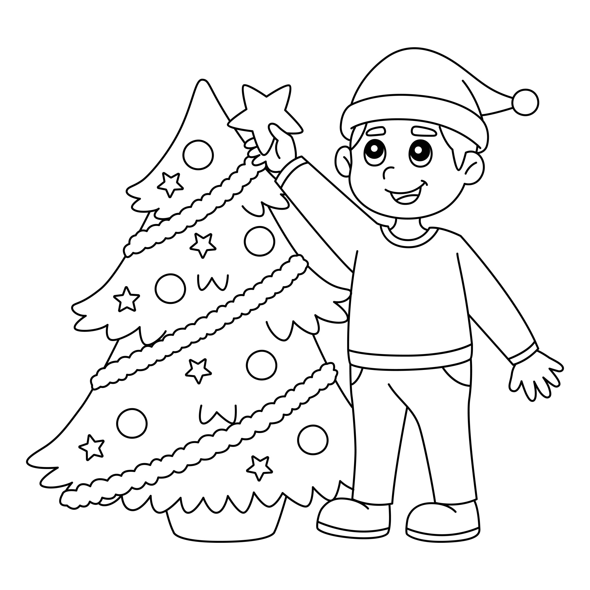Раскраска для детей: мальчик в шапке украшает новогоднюю ёлку