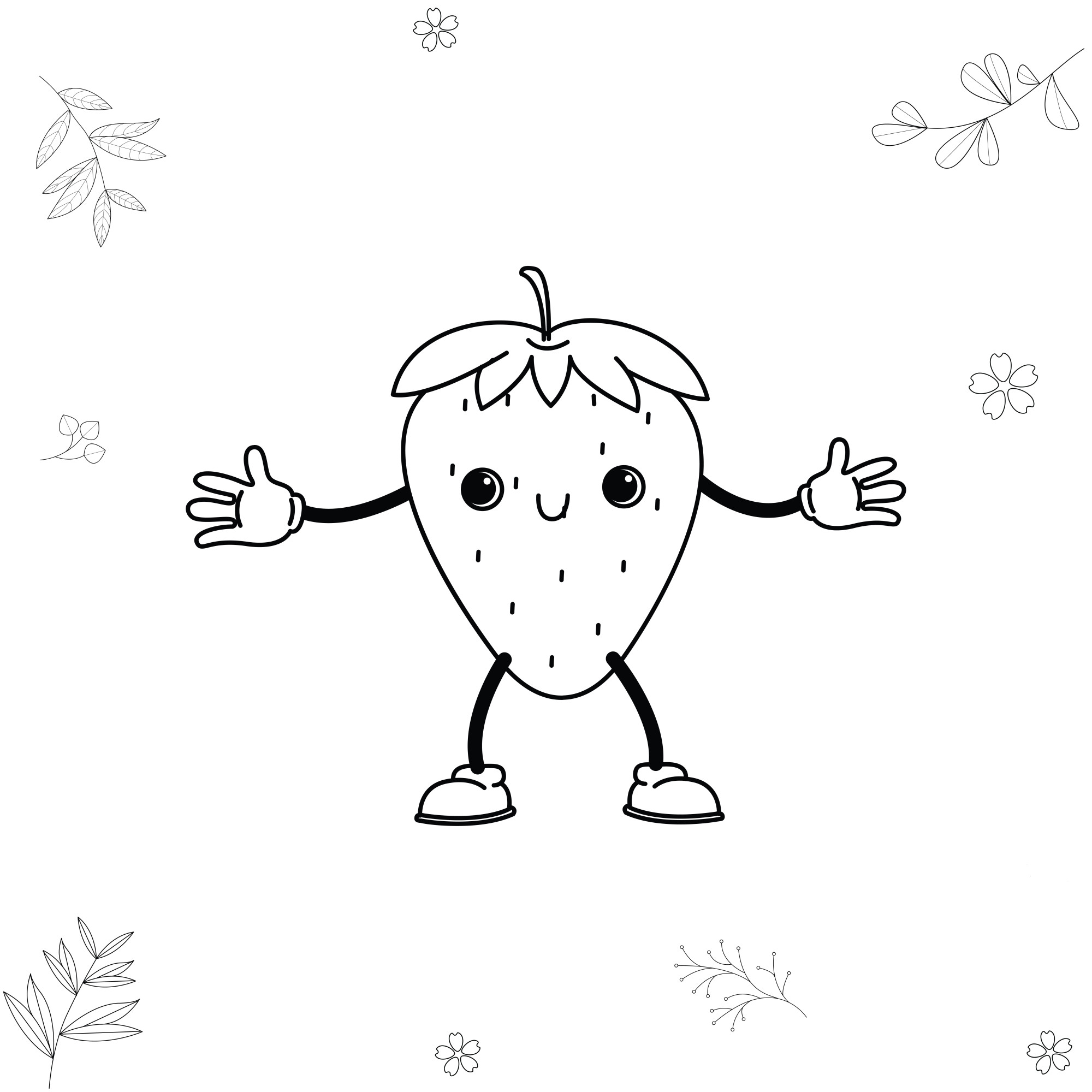 Раскраска для детей: мультяшная клубника с руками и ногами