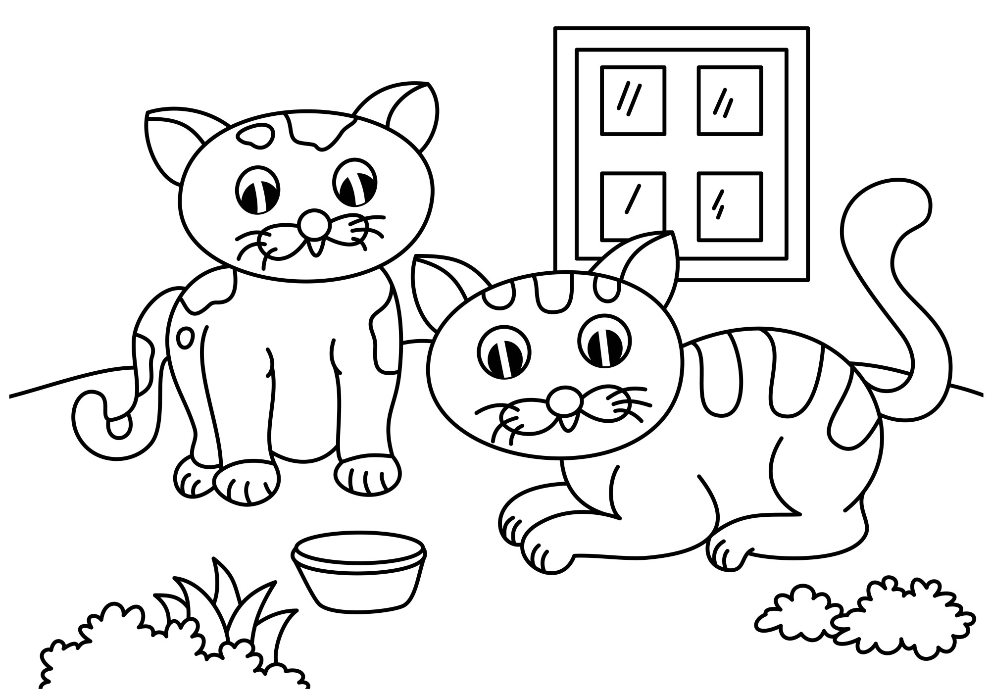 Раскраска для детей: мультяшные коты в огороде
