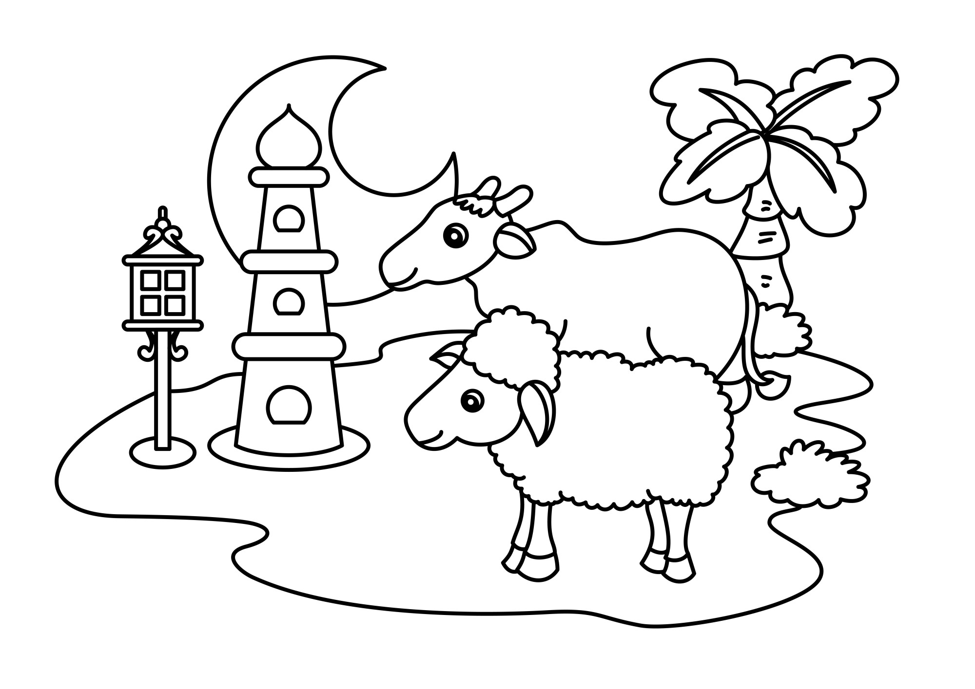 Раскраска для детей: овца с коровой на поле