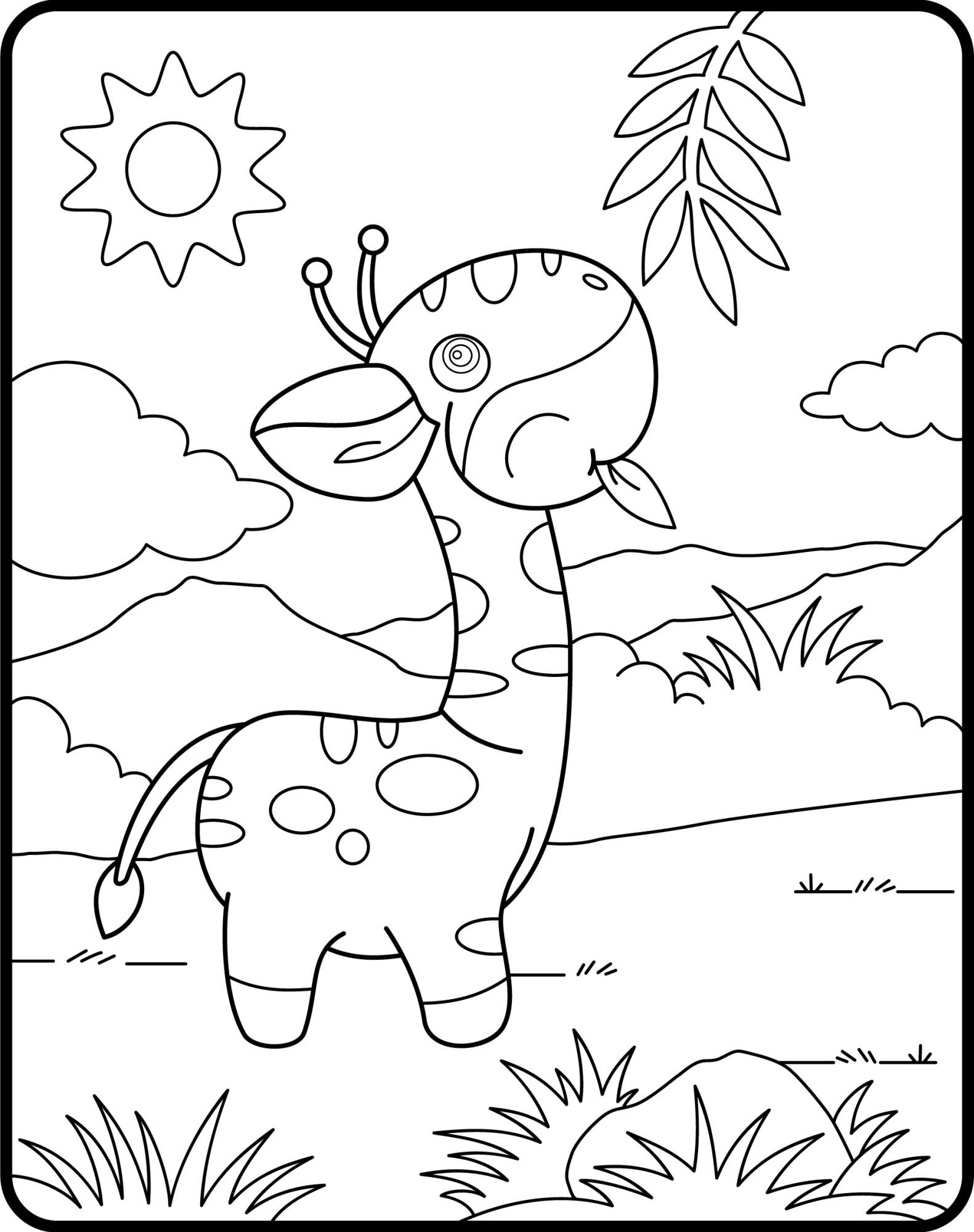 Раскраска для детей: маленький жираф кушает листик