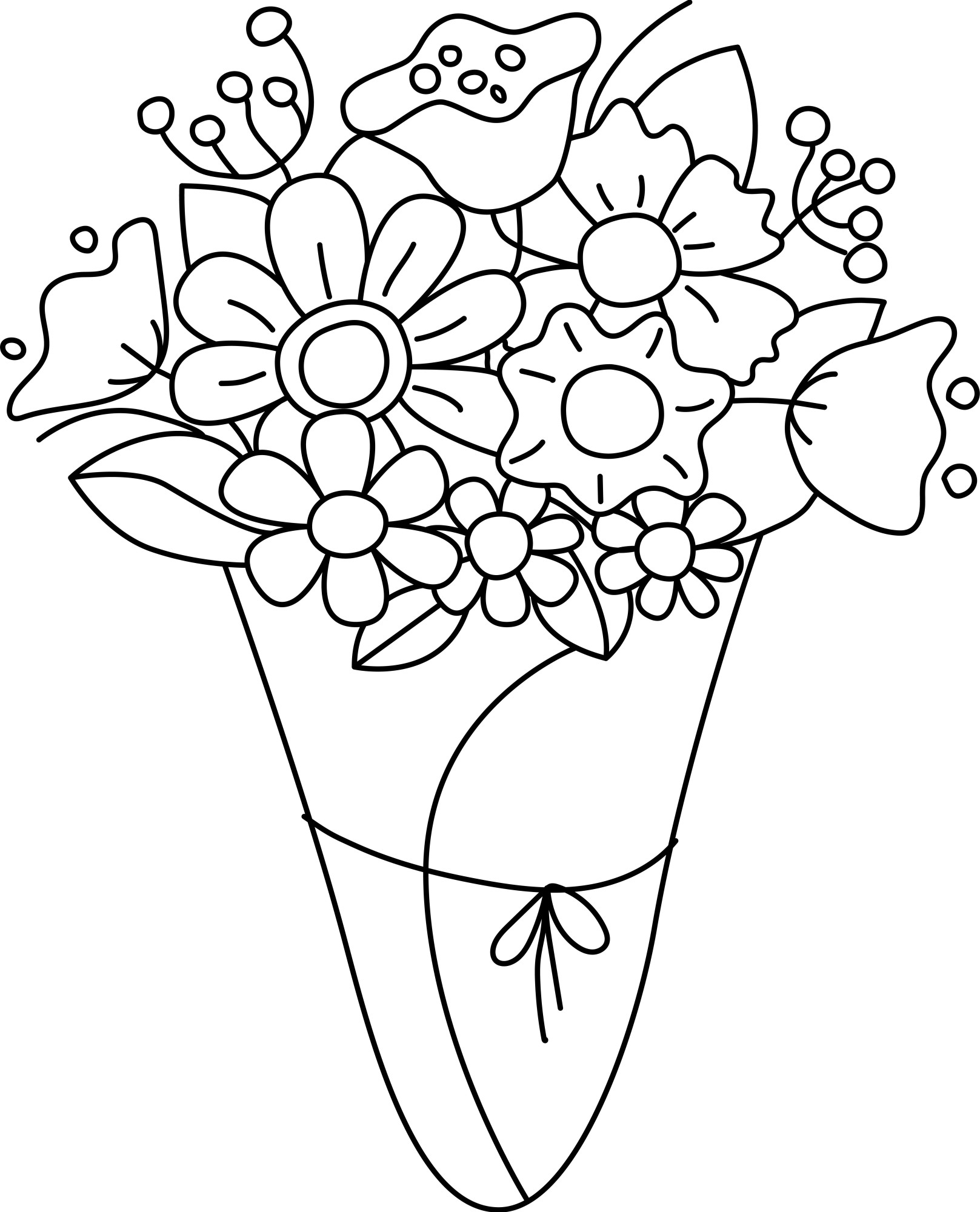 Раскраска для детей: красивый букет полевых цветов в подарочной упаковке