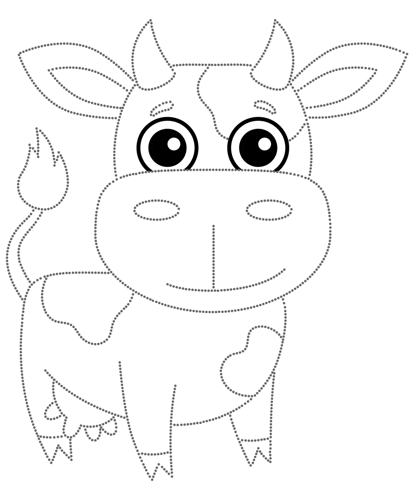 Раскраска для детей: смешная корова с рогами по точкам