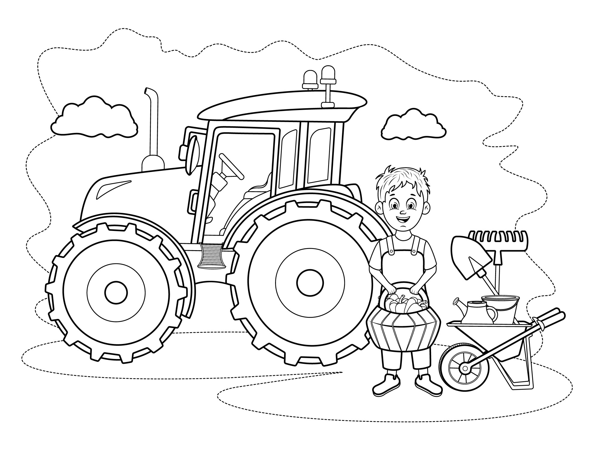Раскраска для детей: фермер с корзиной стоит у трактора