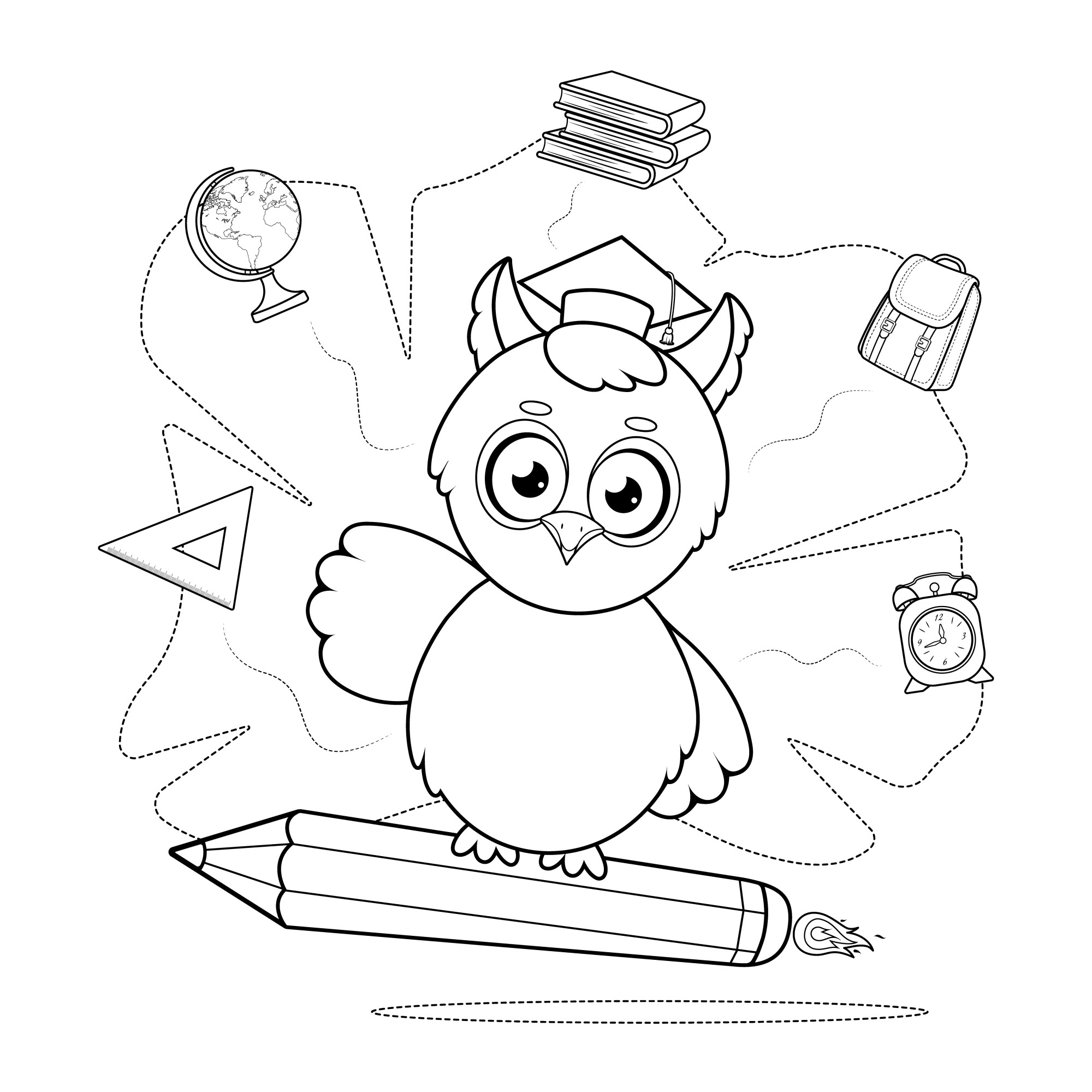 Раскраска для детей: ученая сова с шляпой на карандаше