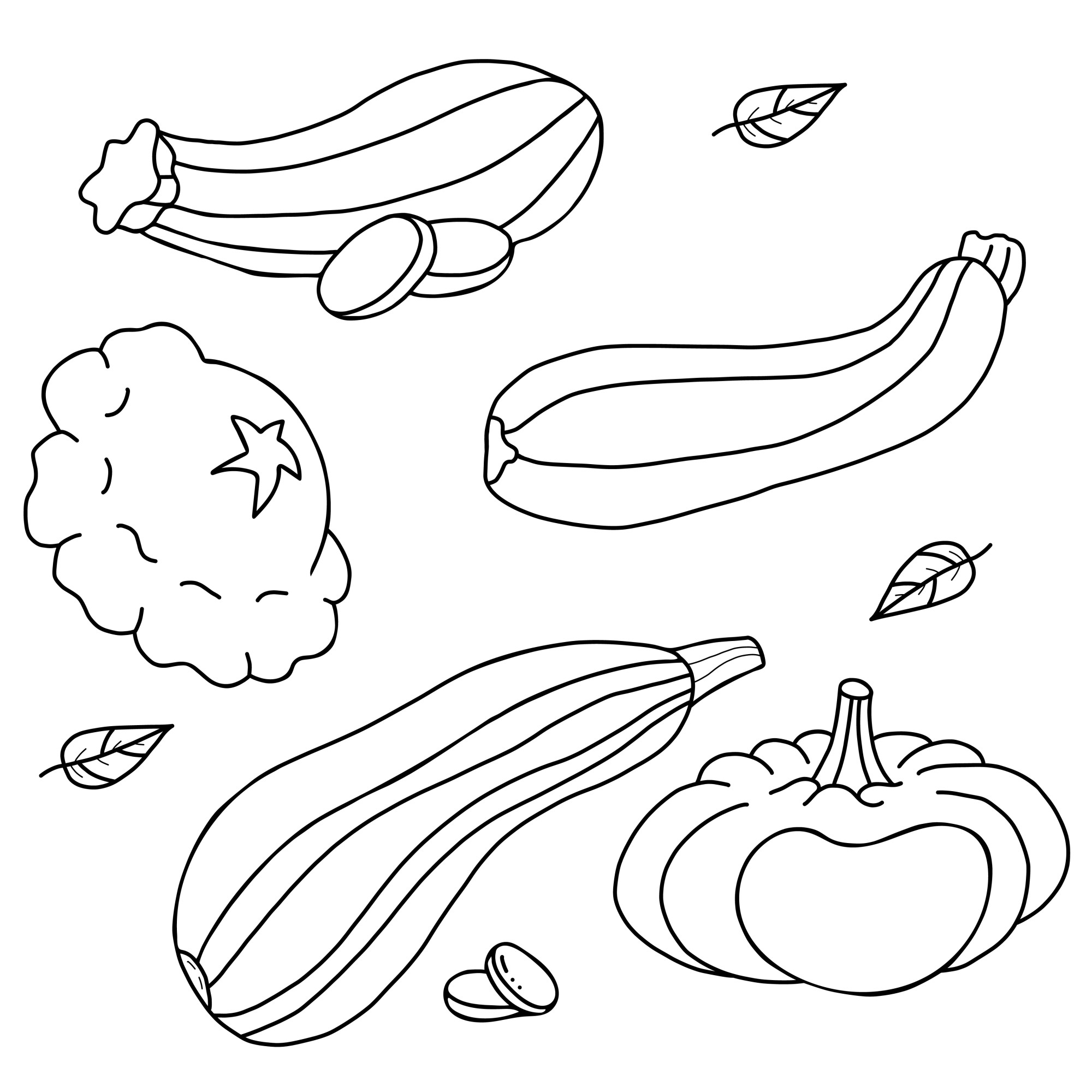 Раскраска для детей: набор овощей кабачки и патиссоны
