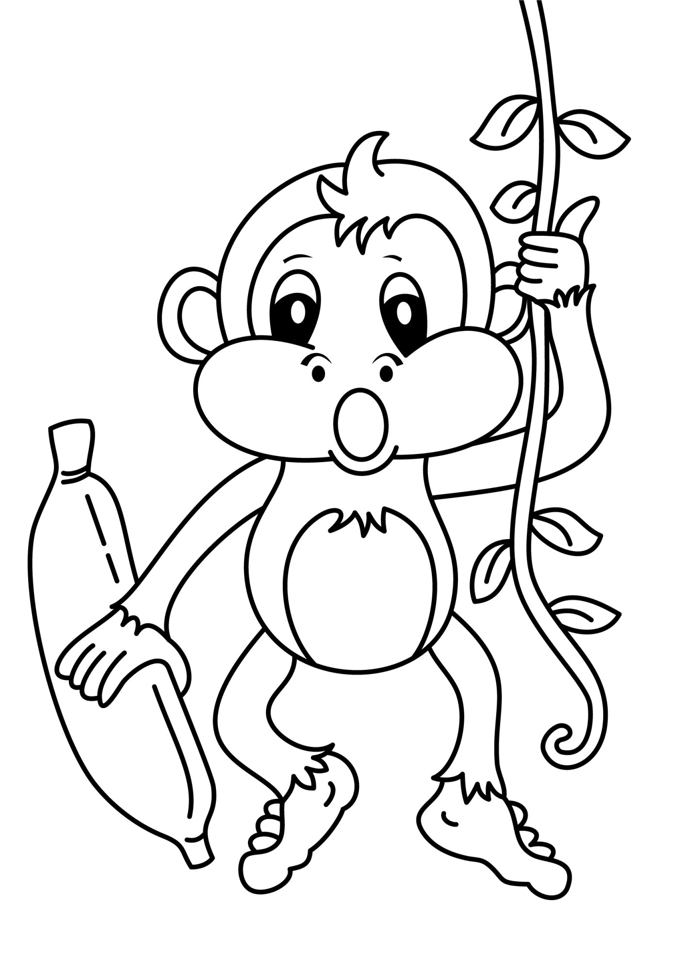 Раскраска для детей: малыш обезьяны с бананом висит на лиане