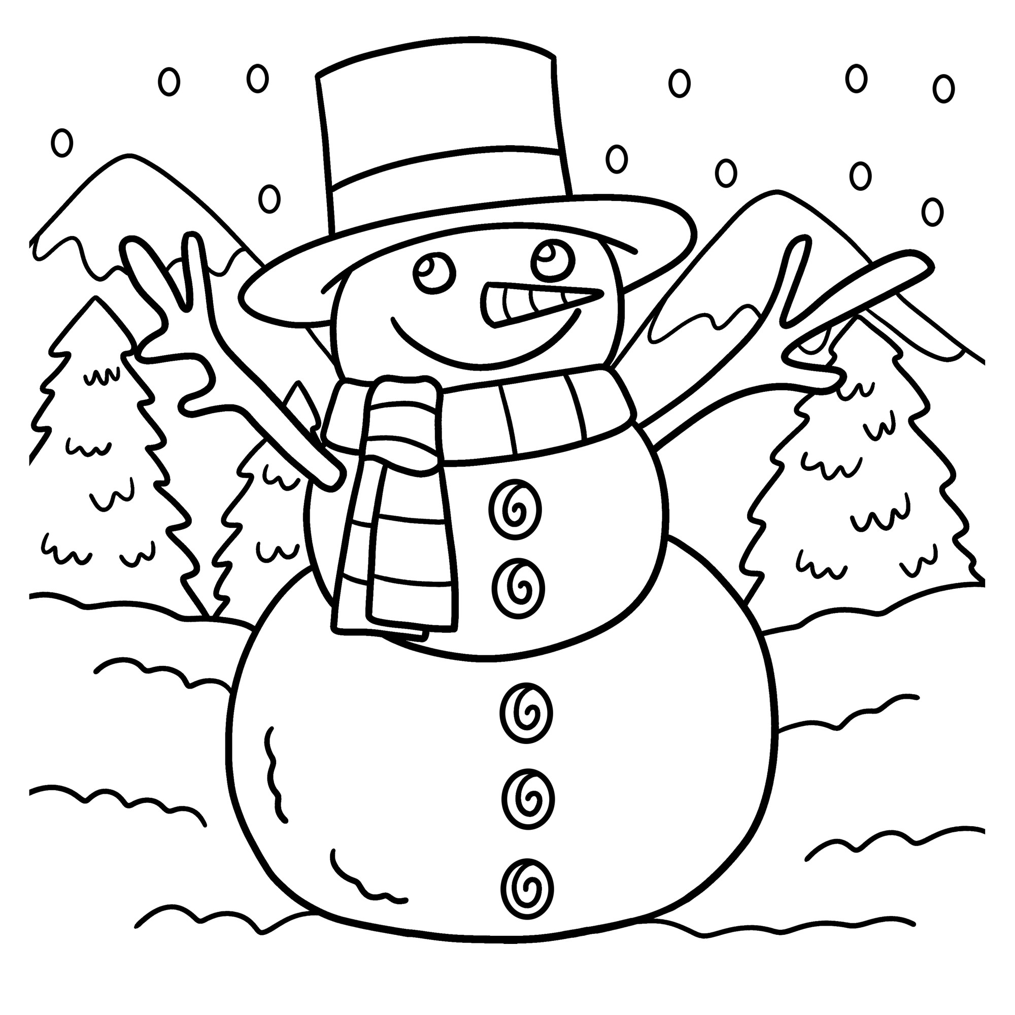 Раскраска для детей: большой снеговик в шляпе