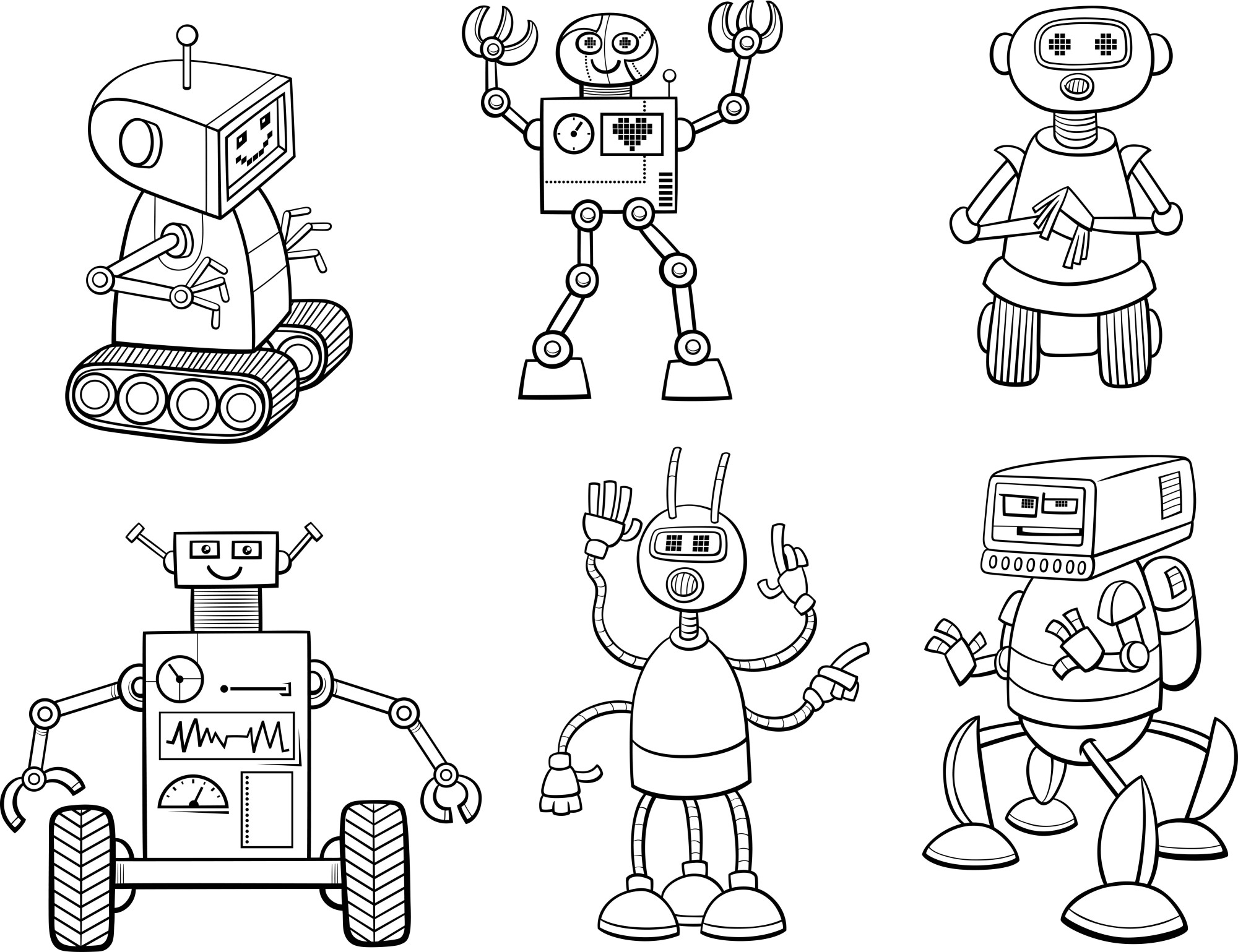 Раскраска для детей: мультяшные роботы «Дроиды»