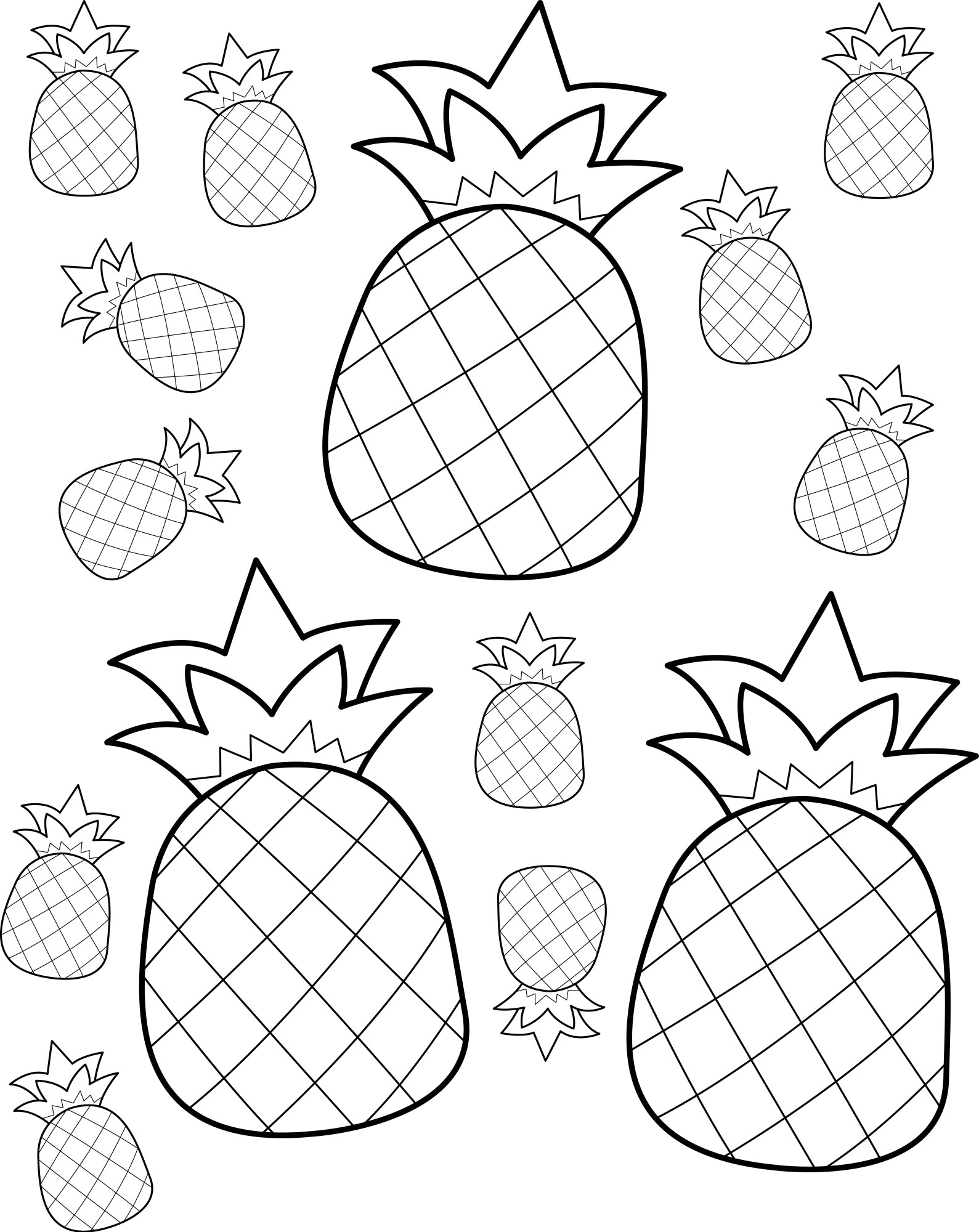 Раскраска для детей: набор фруктов ананасы