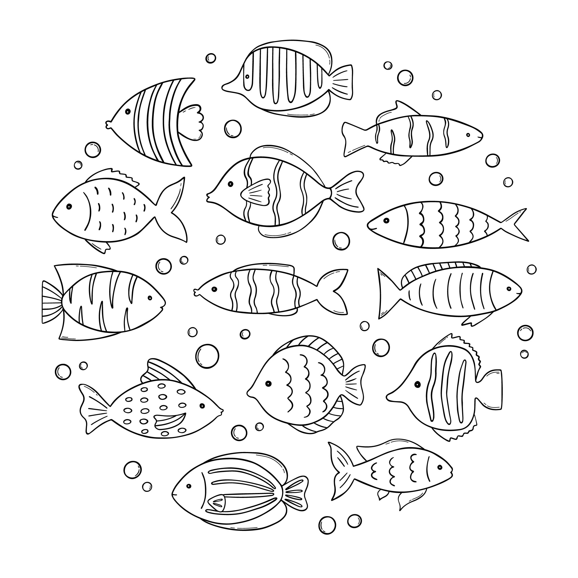 Раскраска для детей: разные морские рыбки