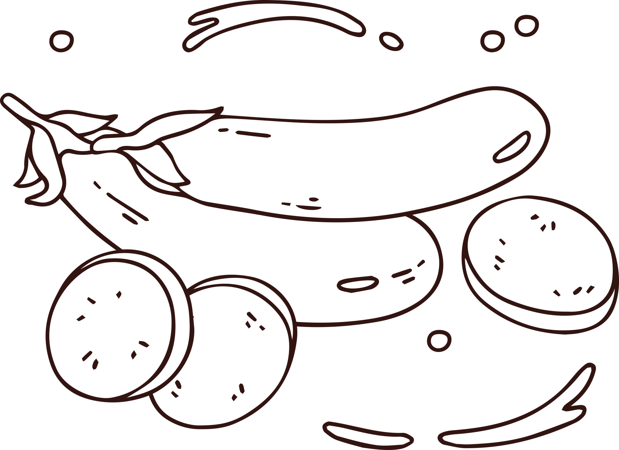 Раскраска для детей: два аппетитных баклажана и ломтики