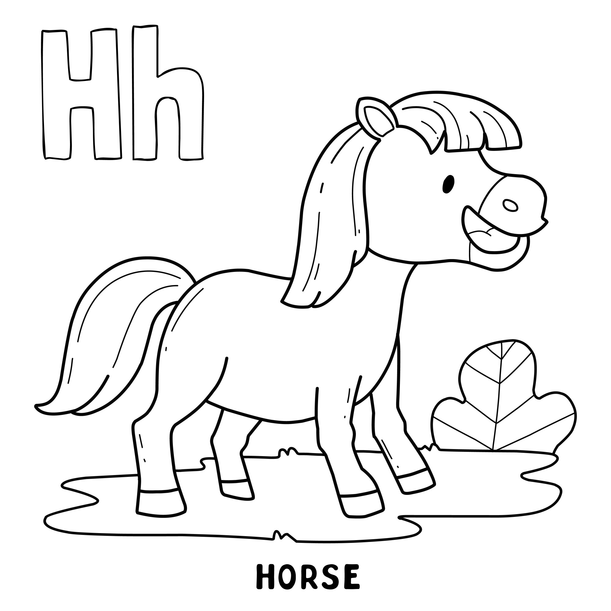 Раскраска для детей: лошадка на лужайке