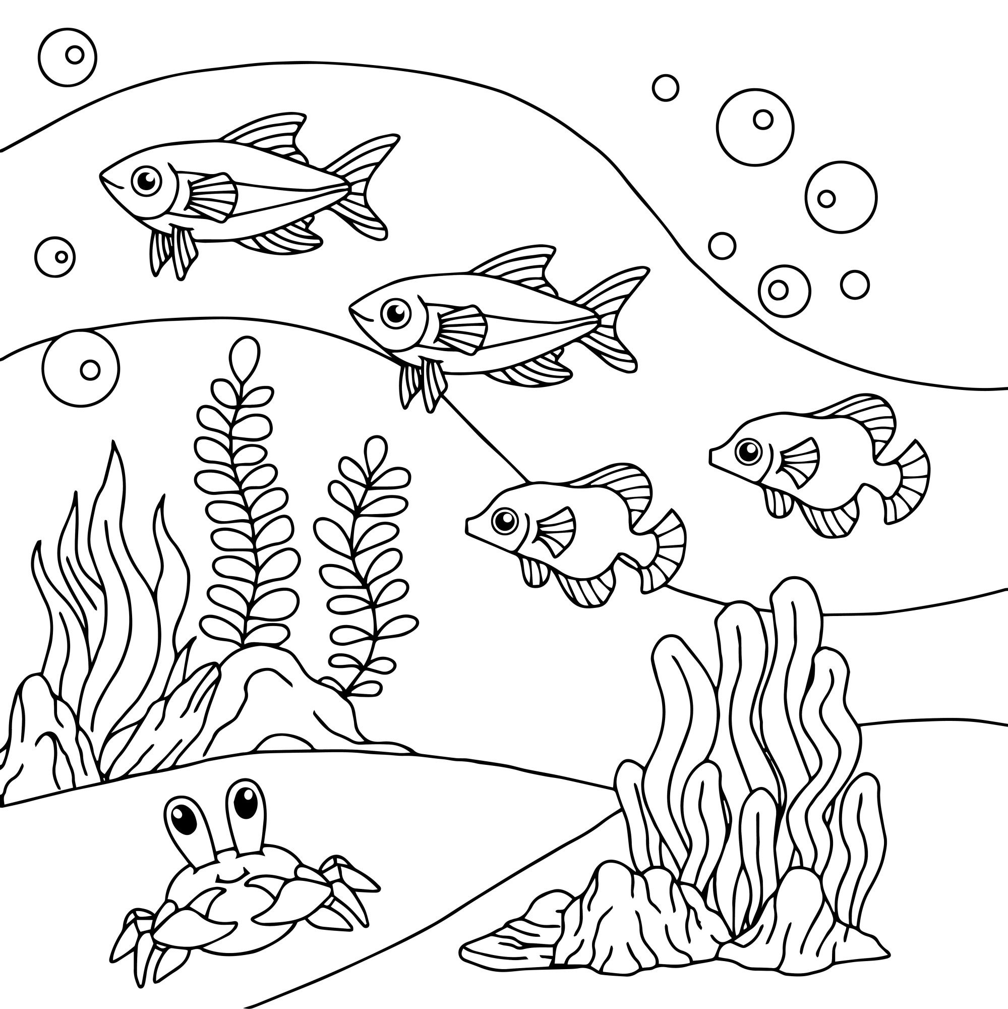 Раскраска для детей: рыбы с крабом