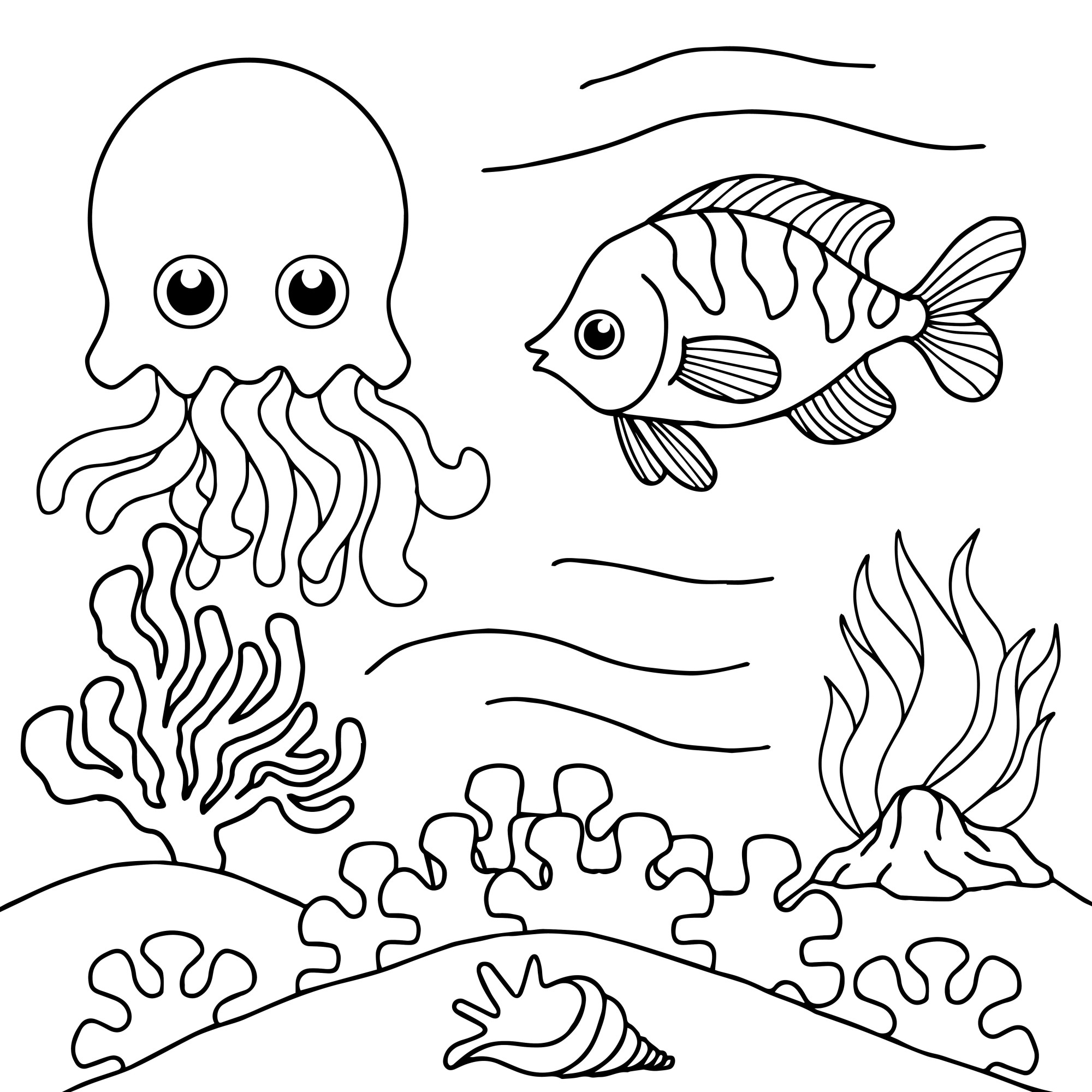 Раскраска для детей: рыба и осьминог