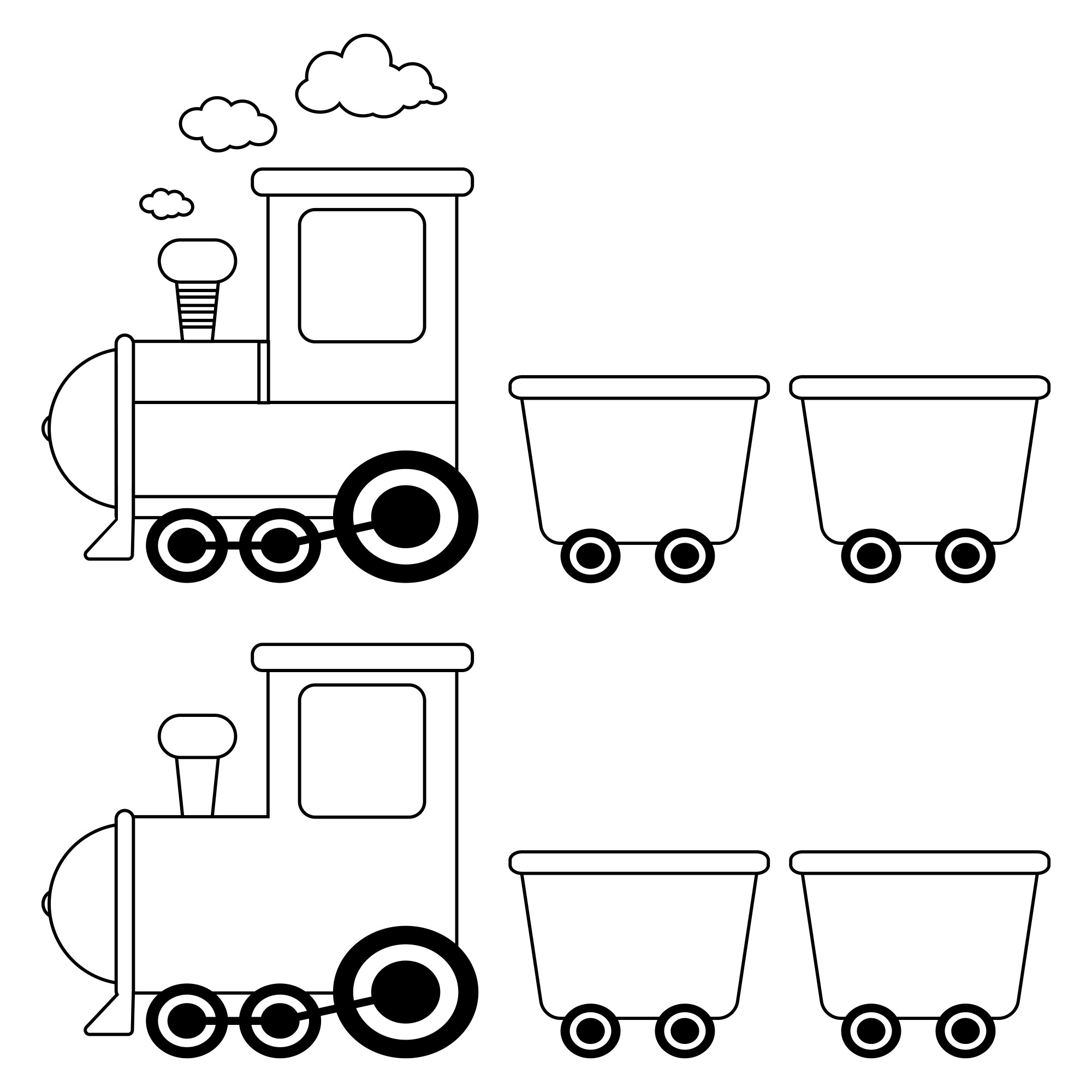Раскраска для детей: два детских поезда с тележками