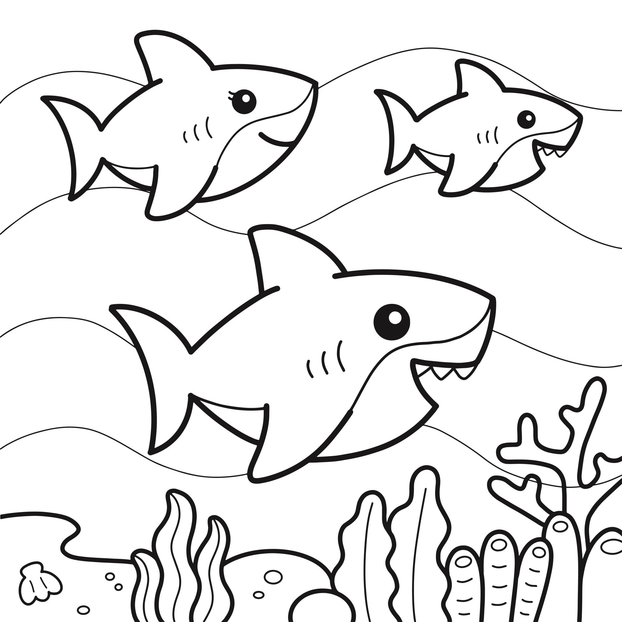 Раскраска для детей: акулы на дне океана