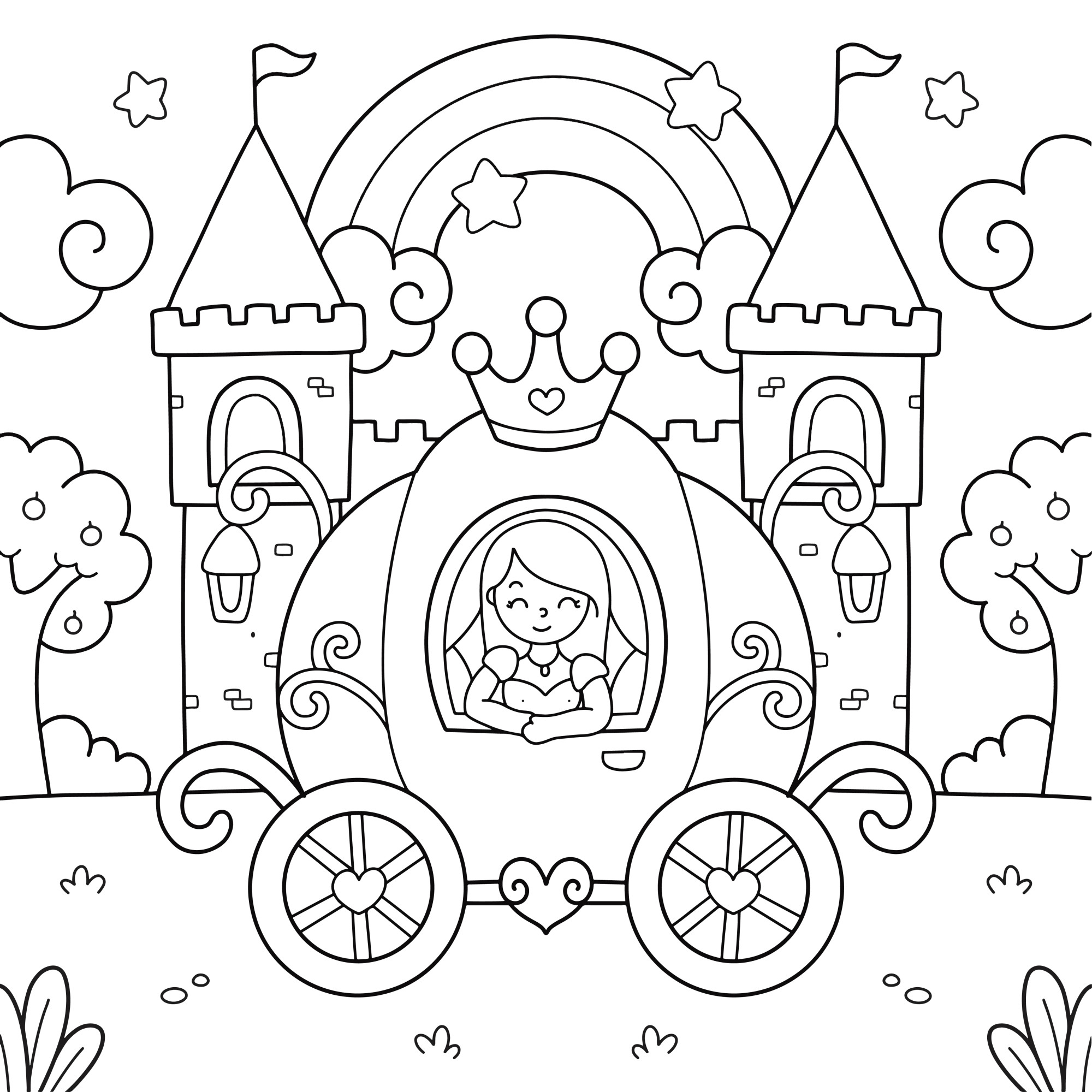 Раскраска для детей: красивая принцесса в карете у замка