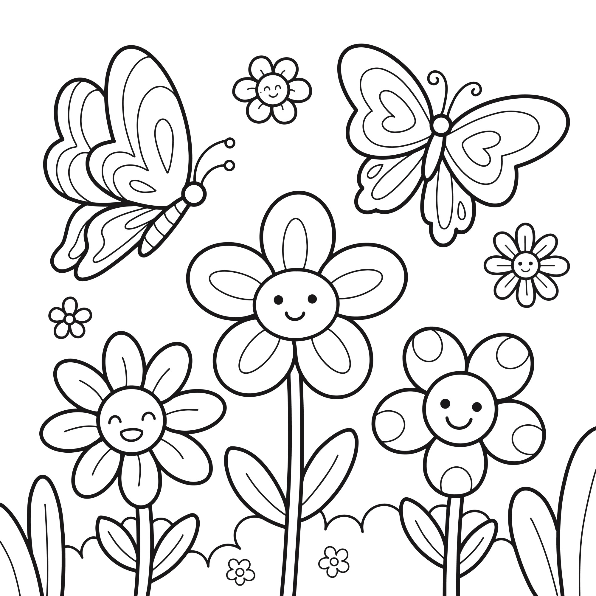 Раскраска для детей: мультяшные цветы с лицами и бабочки