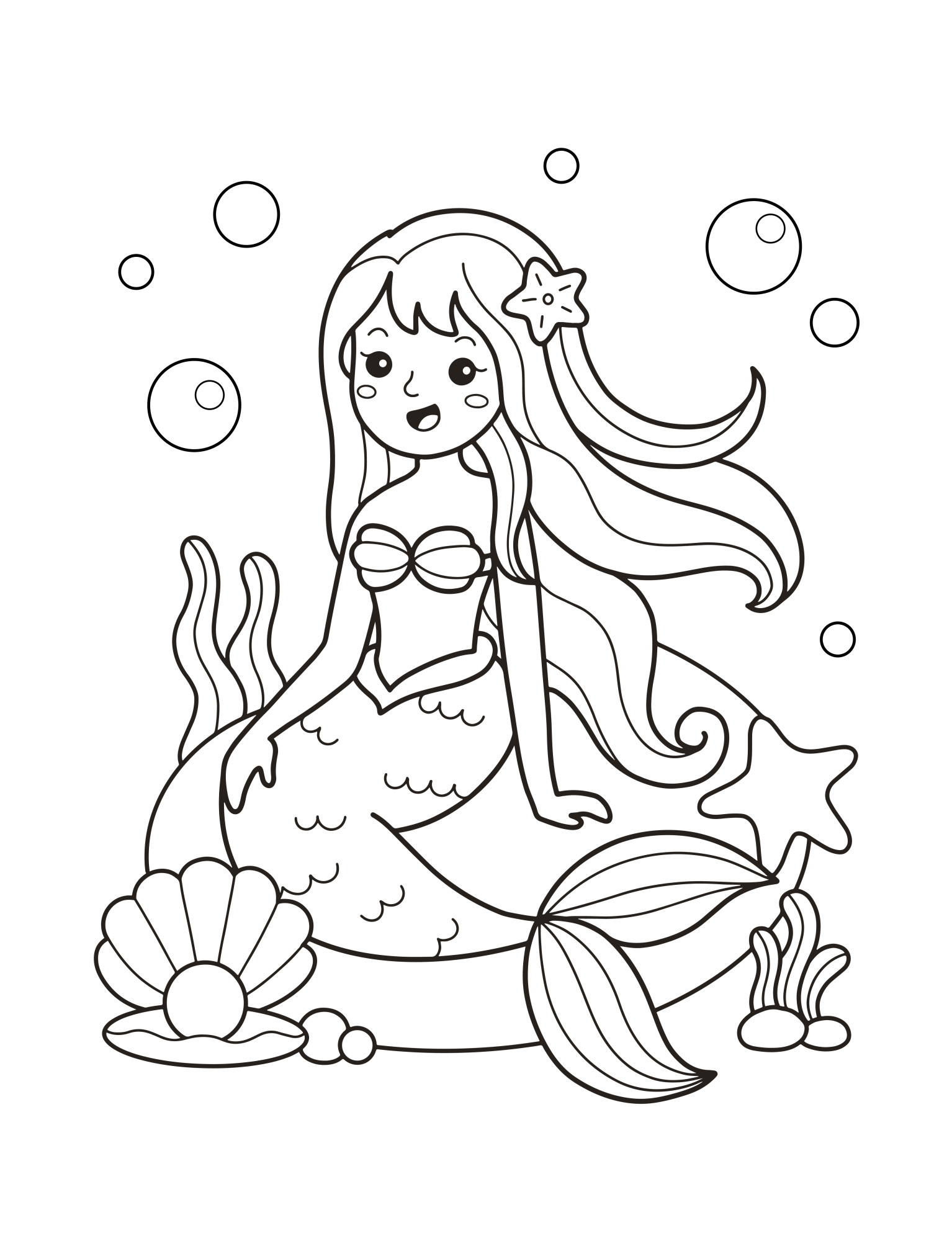 Раскраска для детей: красавица русалка отдыхает на камне