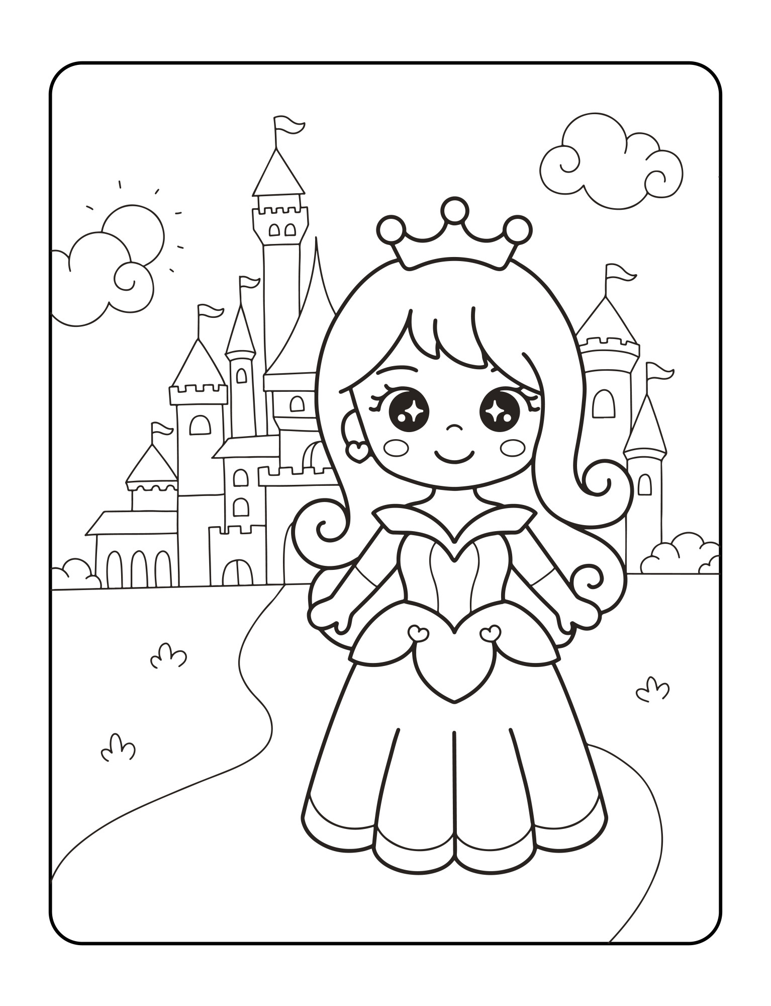 Раскраска для детей: красивая принцесса стоит на фоне замка