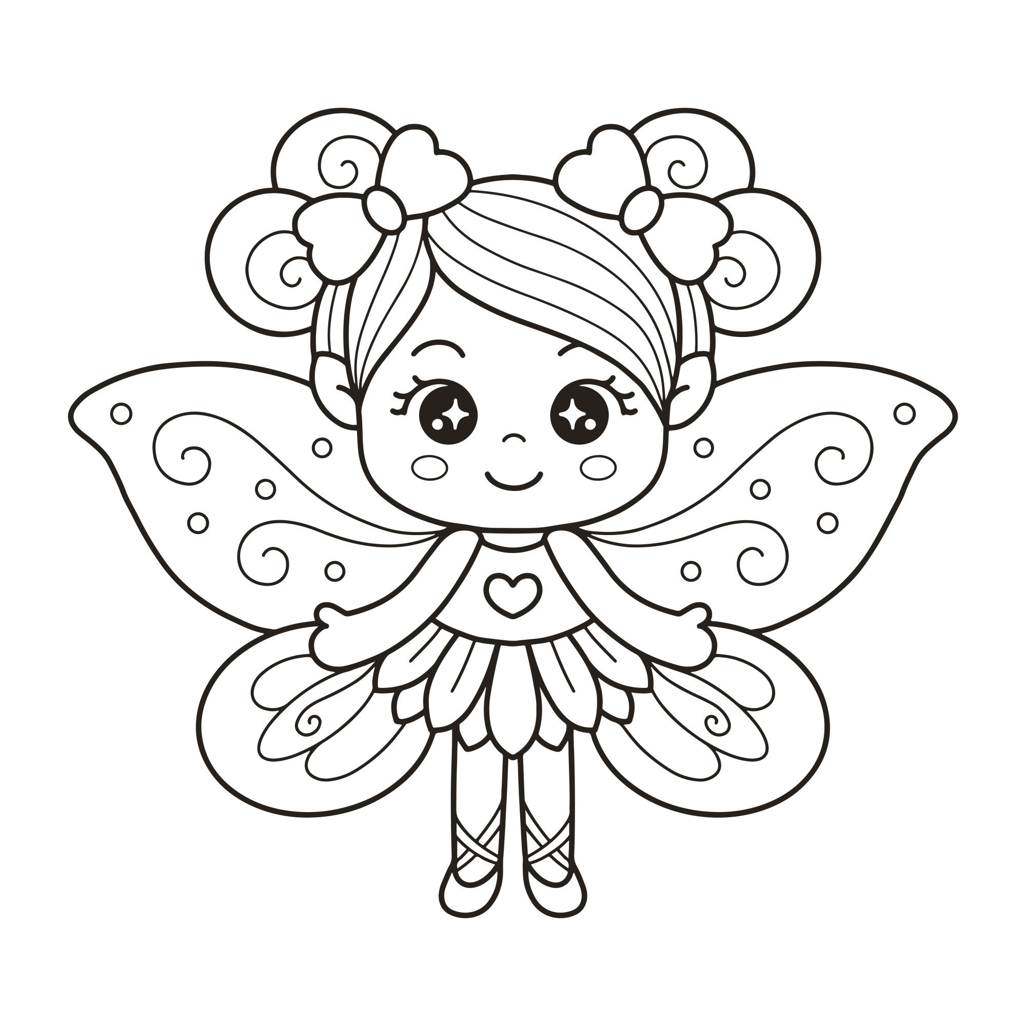 Раскраска для детей: маленькая девочка с крыльями бабочки и бантами