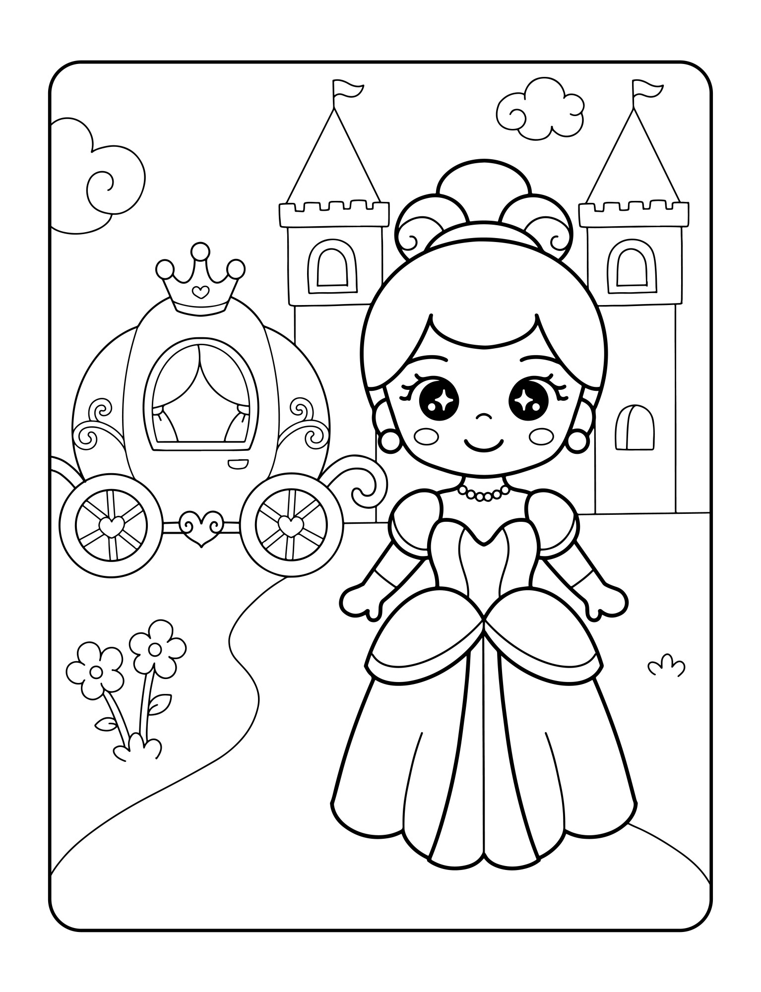 Раскраска для детей: принцесса Золушка рядом с каретой на фоне замка