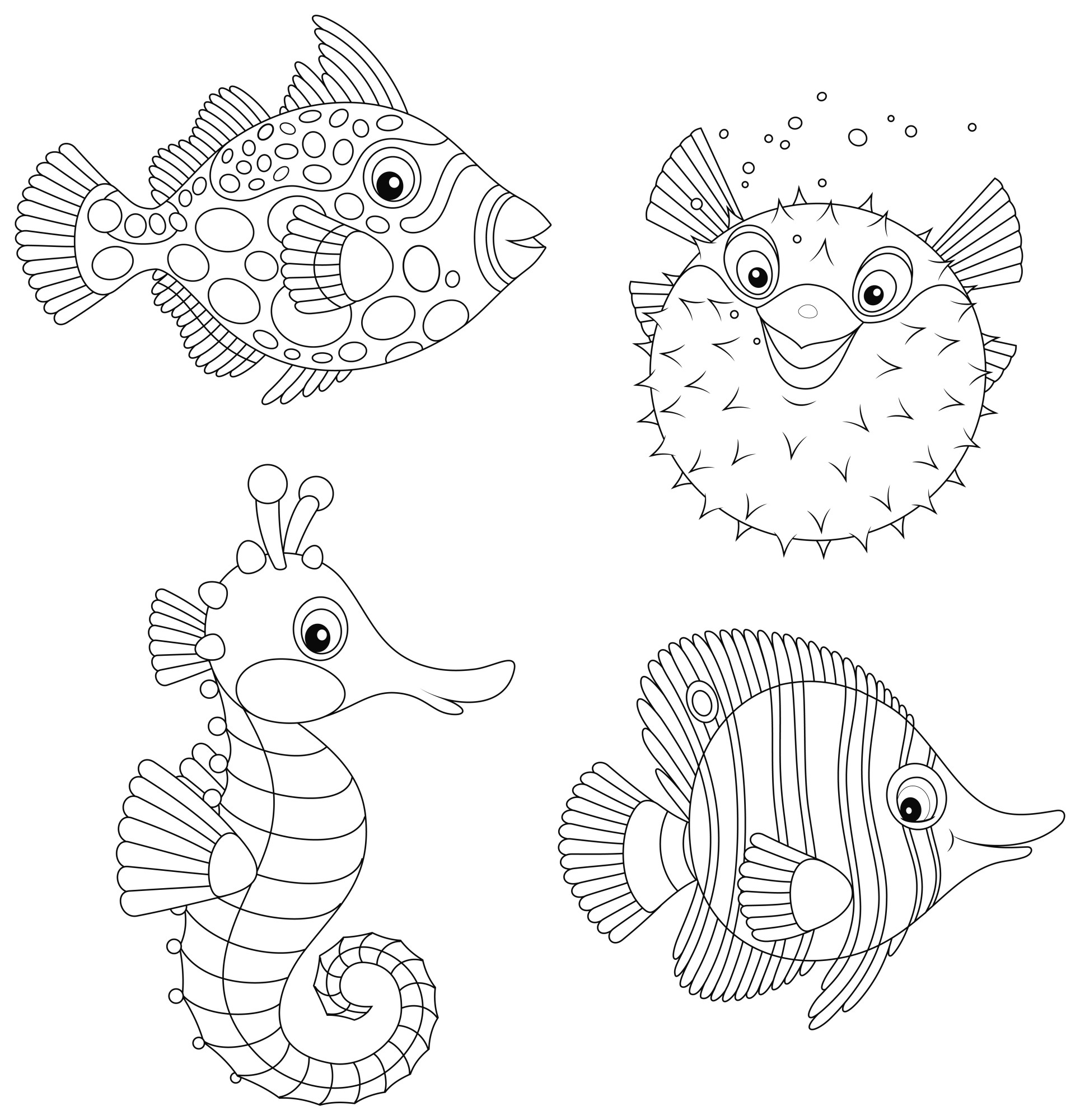 Раскраска для детей: экзотические тропические рыбы фугу, морские коньки, рыб-бабочек и спинорогов