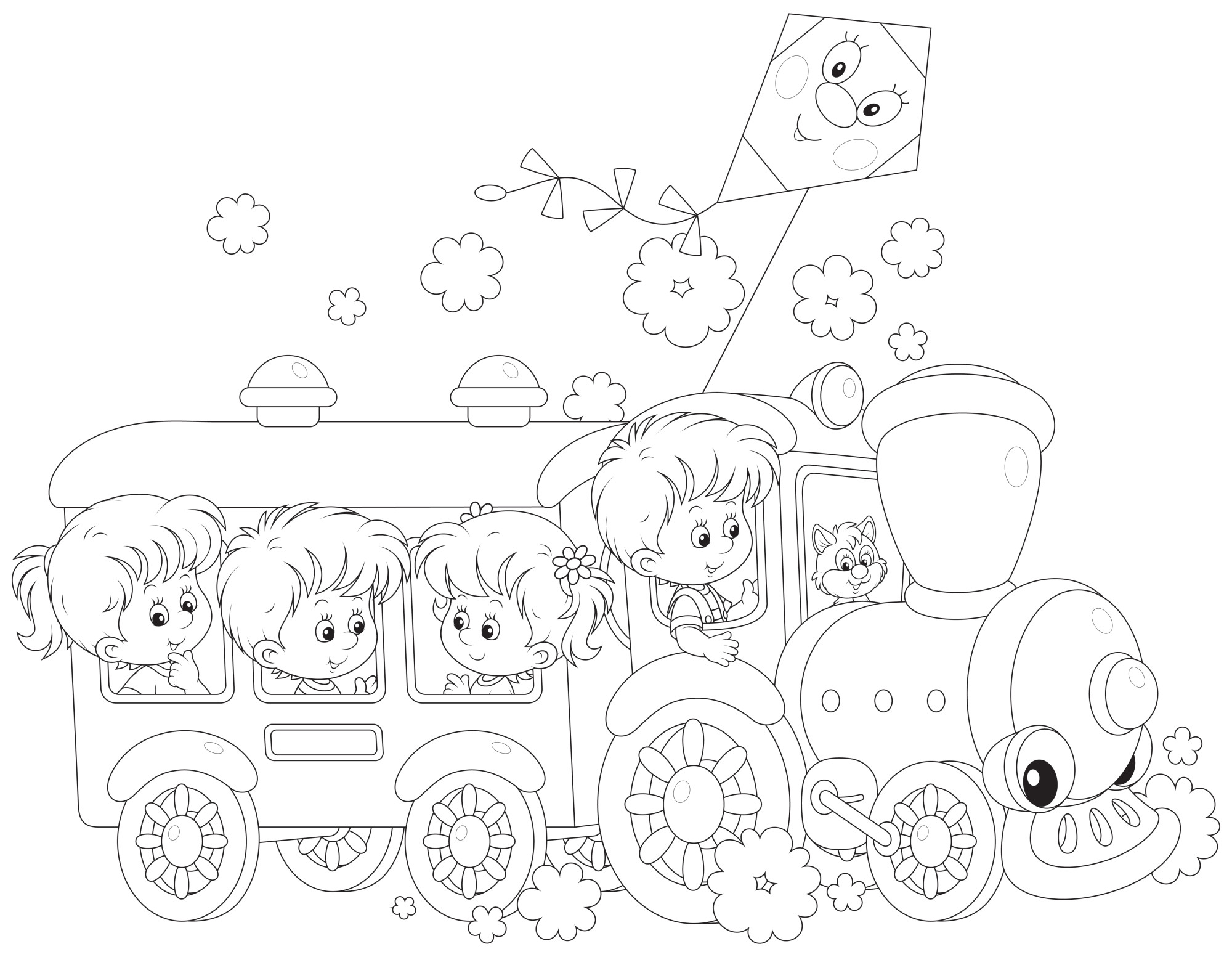 Раскраска для детей: счастливые дети путешествуют на поезде