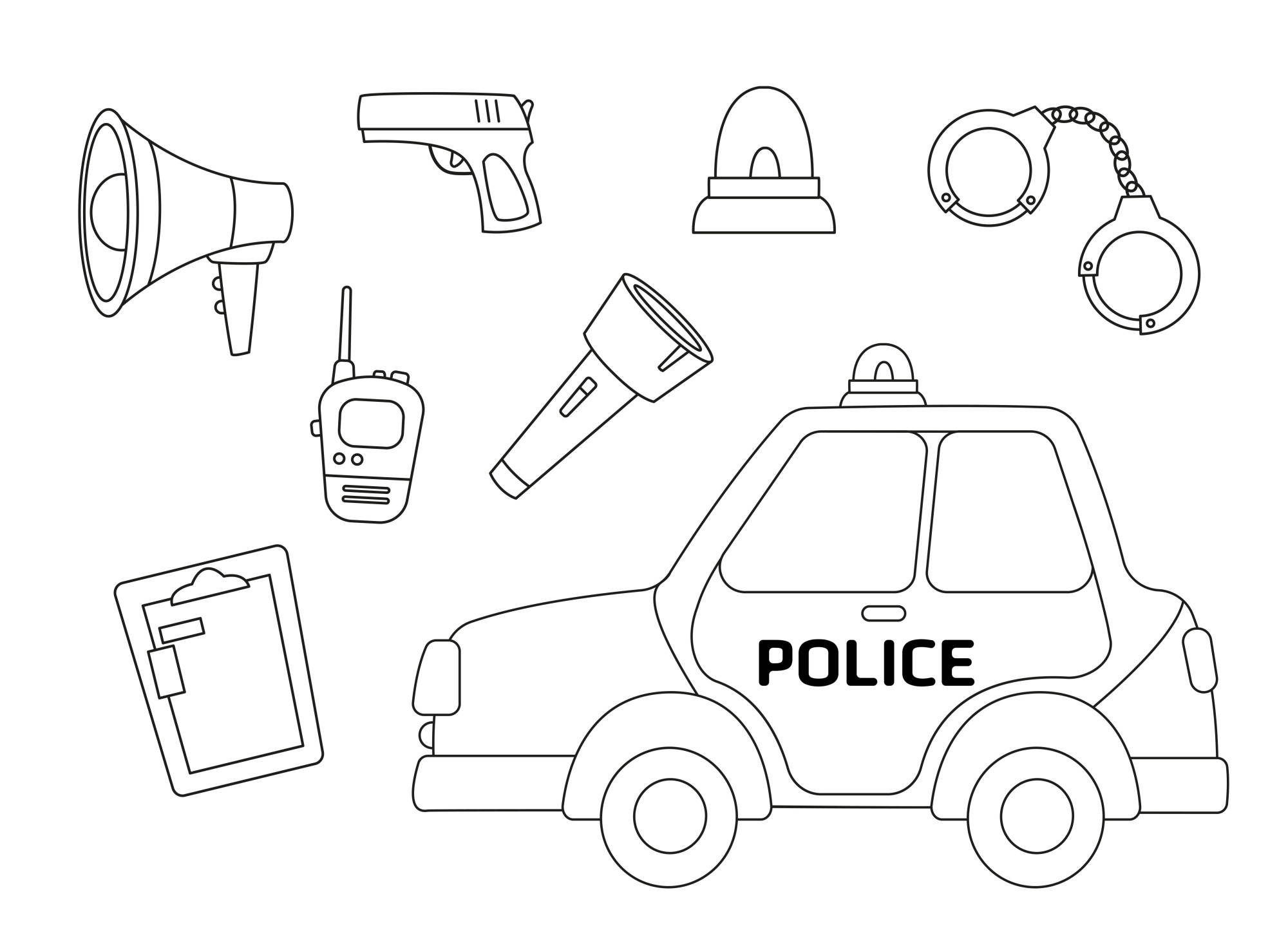 Раскраска для детей: полицейский автомобиль и снаряжение