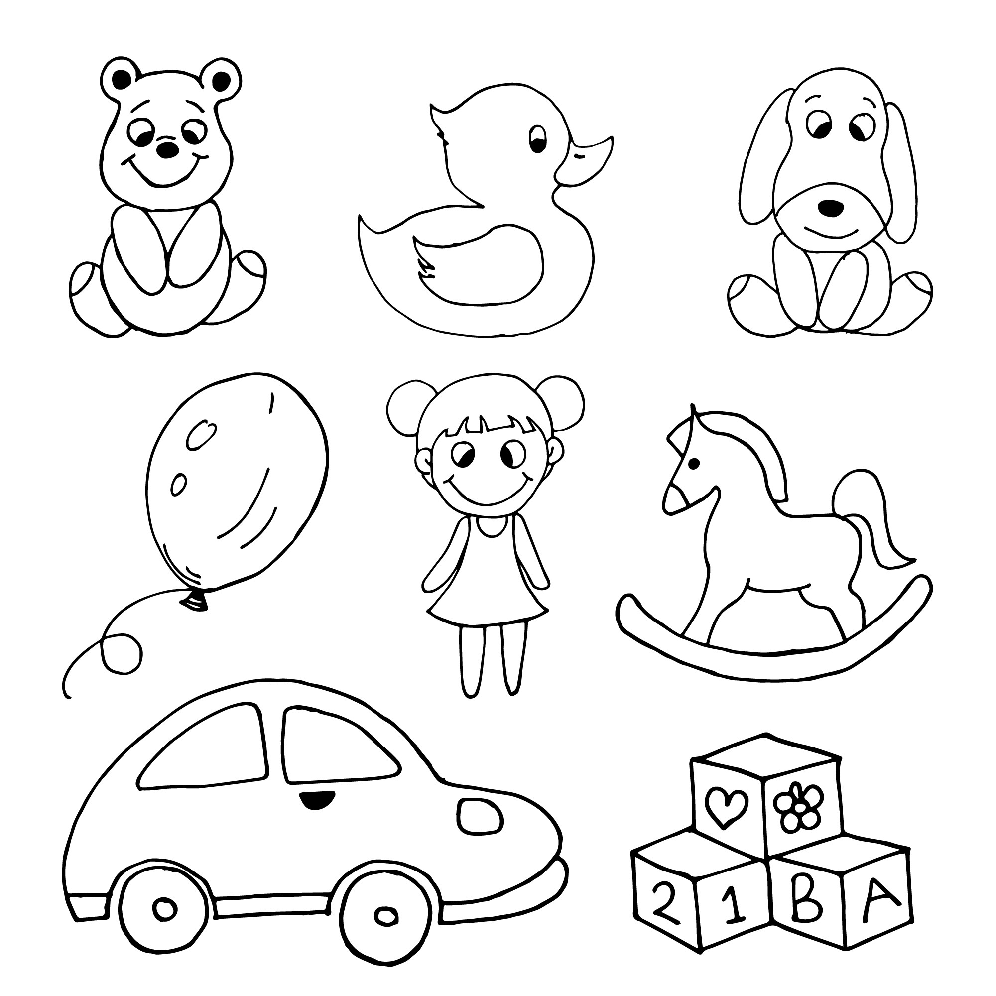 Раскраска для детей: детские игрушки, кукла, лошадь качалка, кубики, машинка, уточка, шарик, собачка