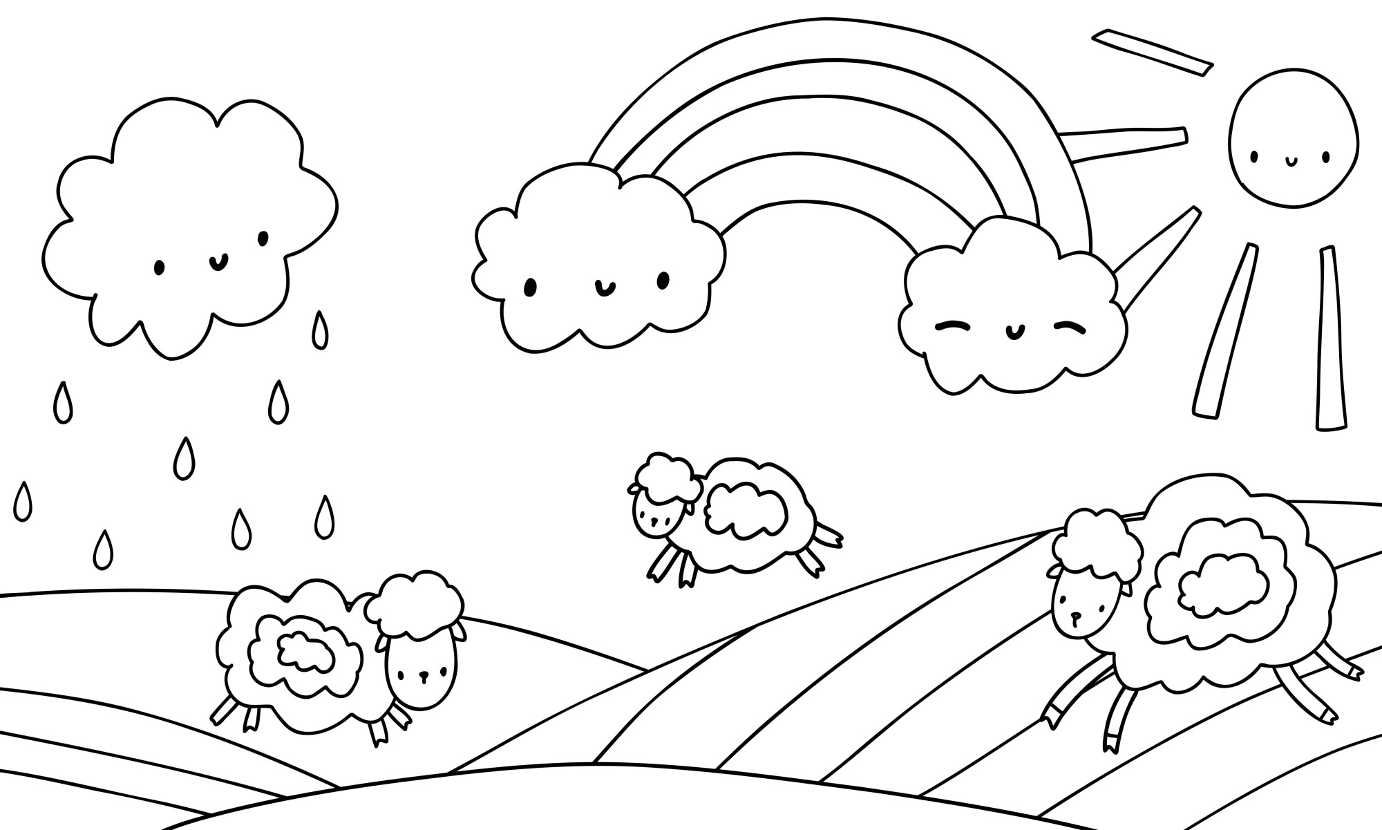 Раскраска для детей: радуга над лугом с овцами