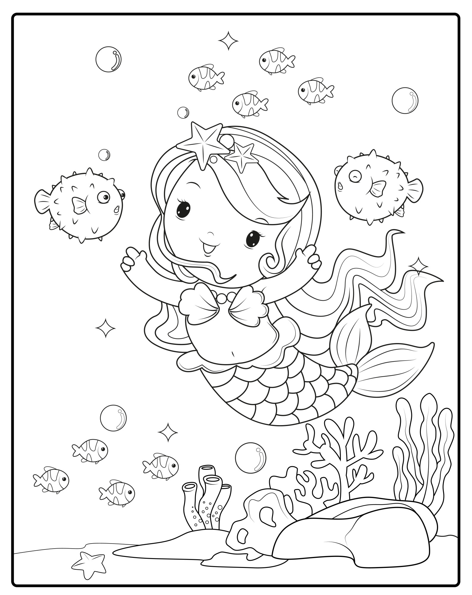Раскраска для детей: русалка и рыба фугу