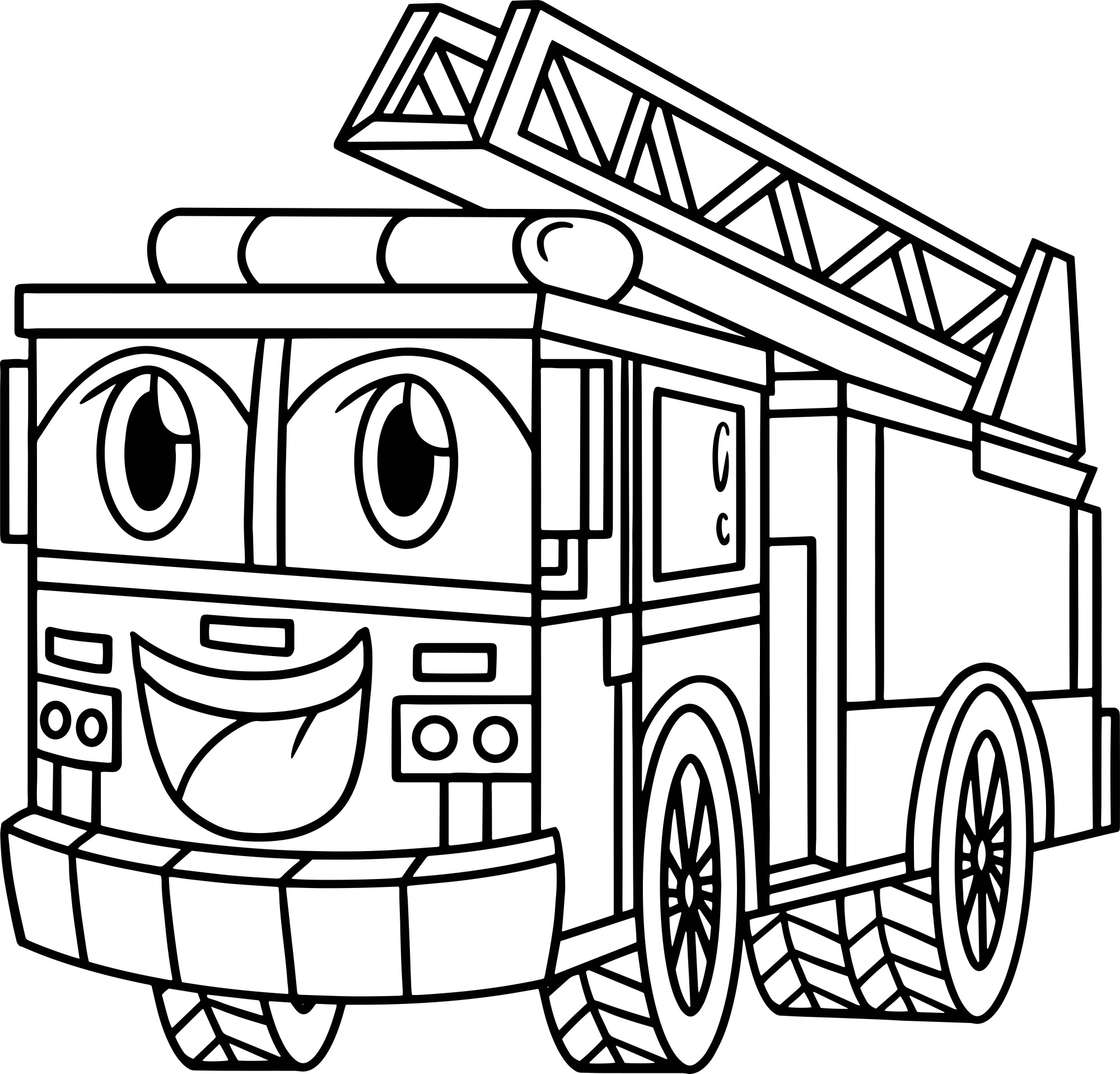 Раскраска для детей: игрушечная пожарная машина с лицом
