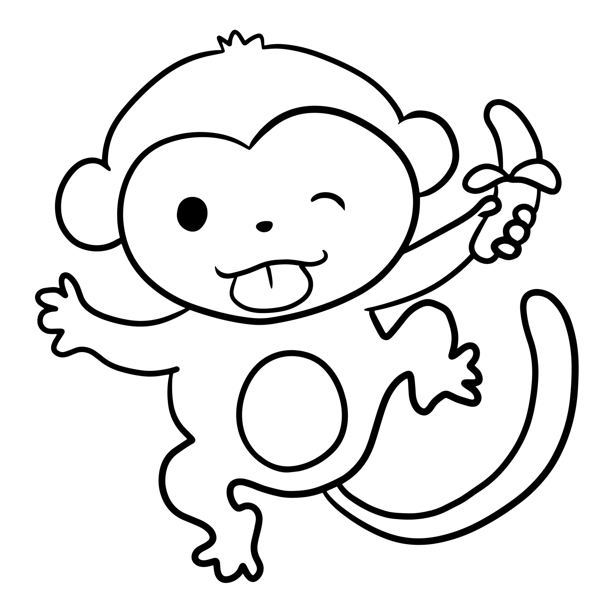 Раскраска для детей: обезьянка танцует с бананом в руке и подмигивает глазом