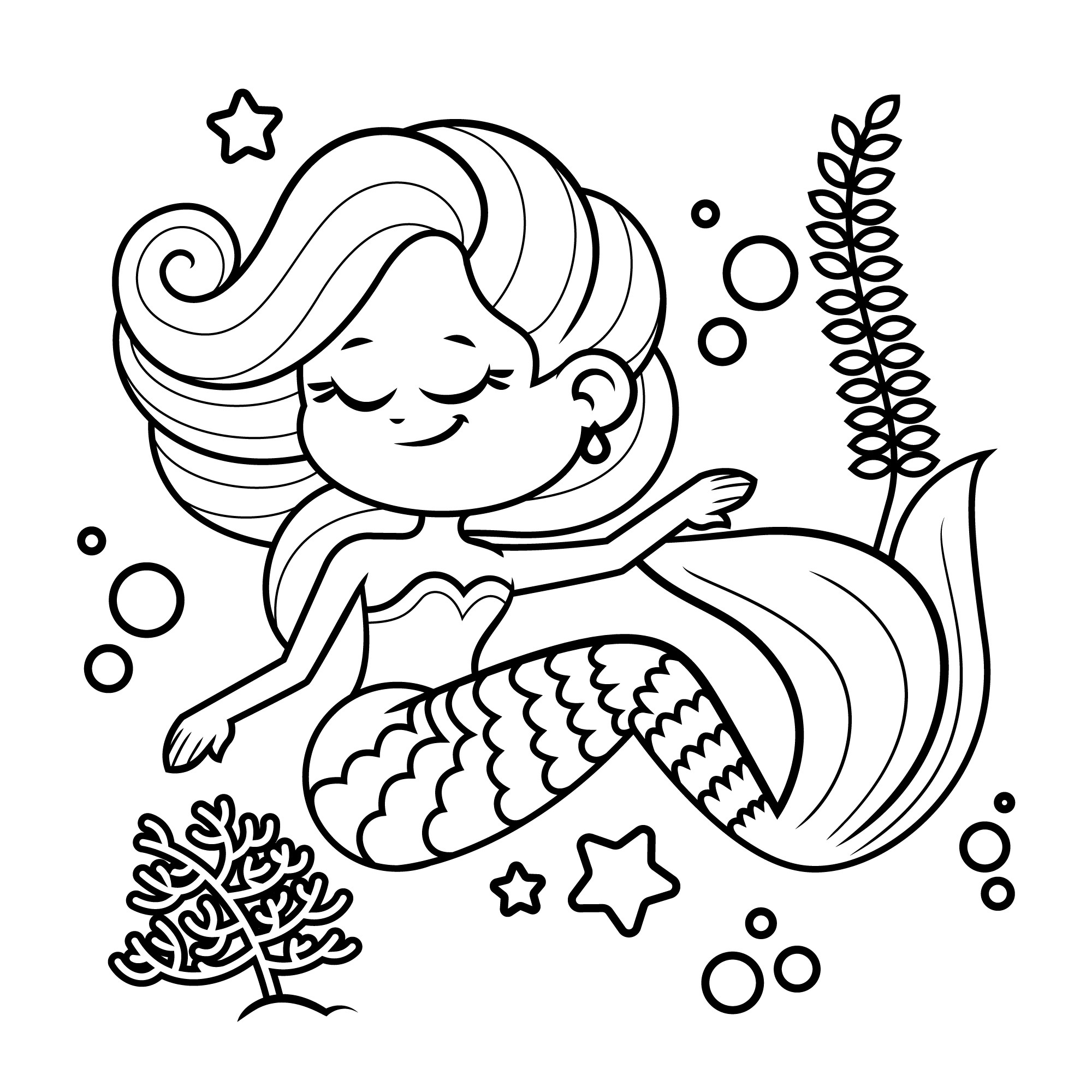Раскраска для детей: русалка и водоросли