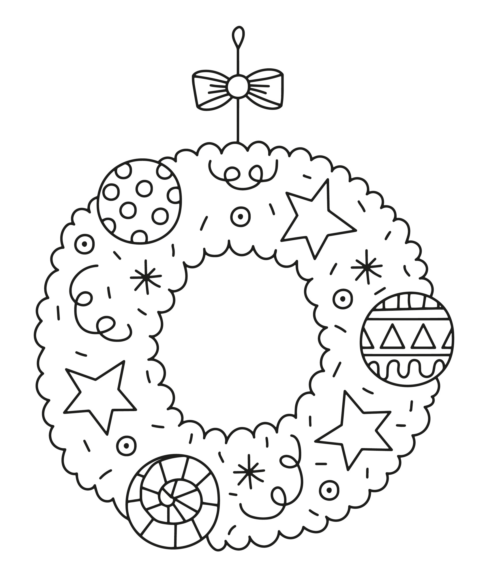 Раскраска для детей: новогоднее украшение с шарами и звездочками