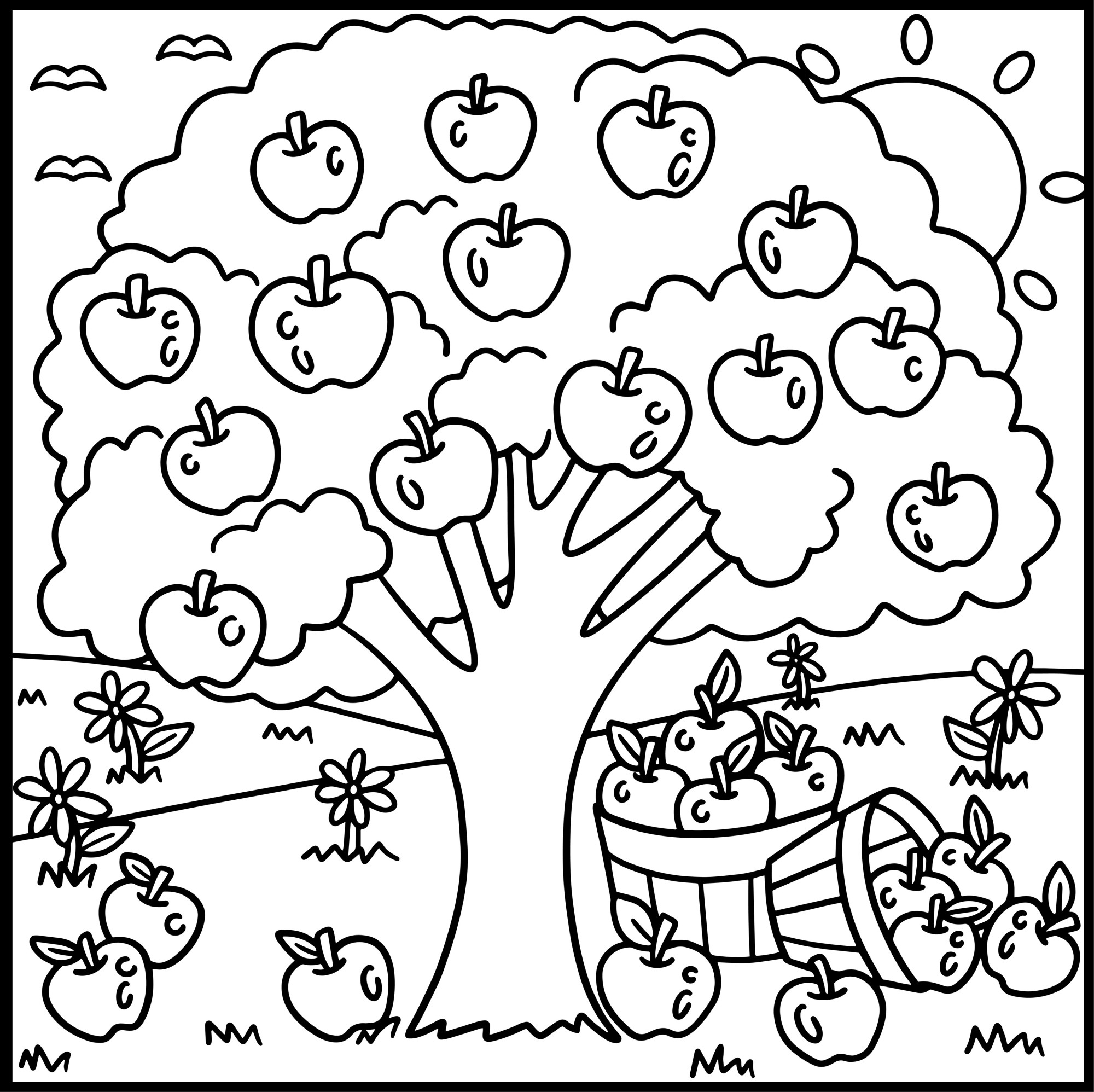 Раскраска для детей: яблоня на поляне с корзинками фруктов под деревом