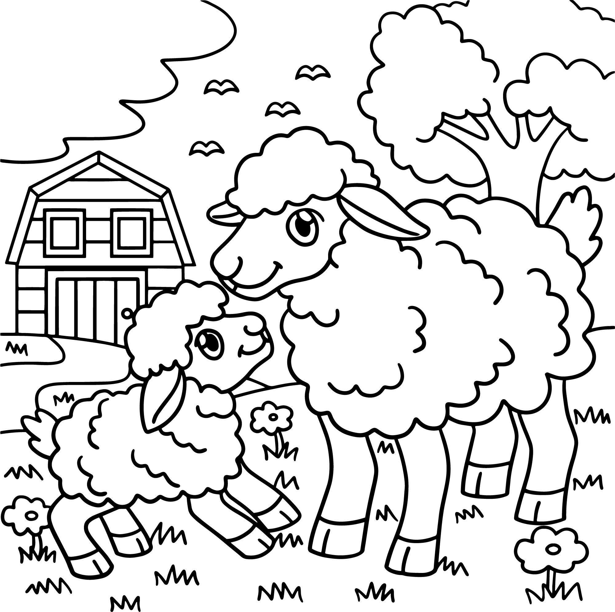 Раскраска для детей: овца с ягненком играют на ферме на фоне дома