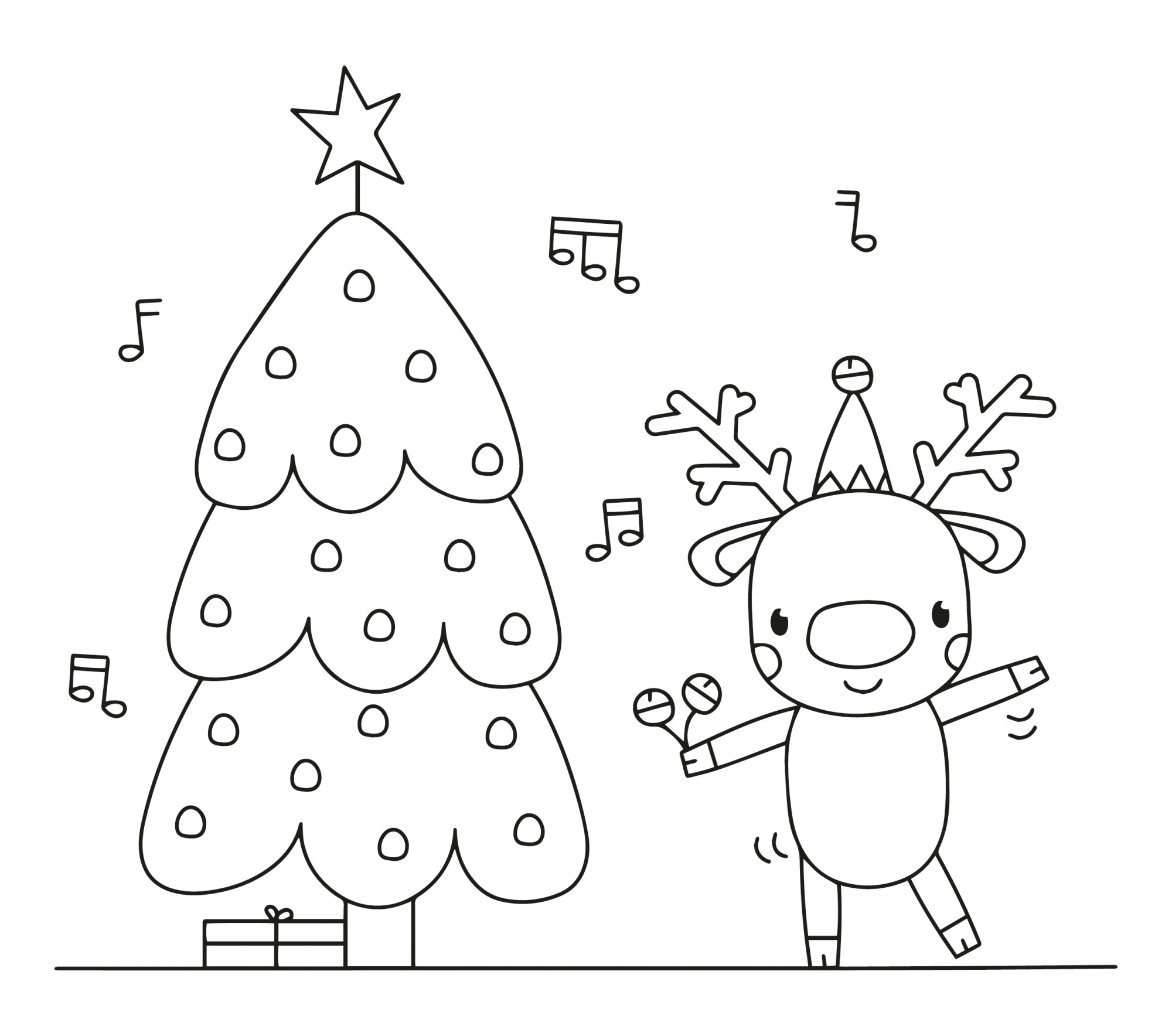 Раскраска для детей: новогодняя ёлка и танцующий олень