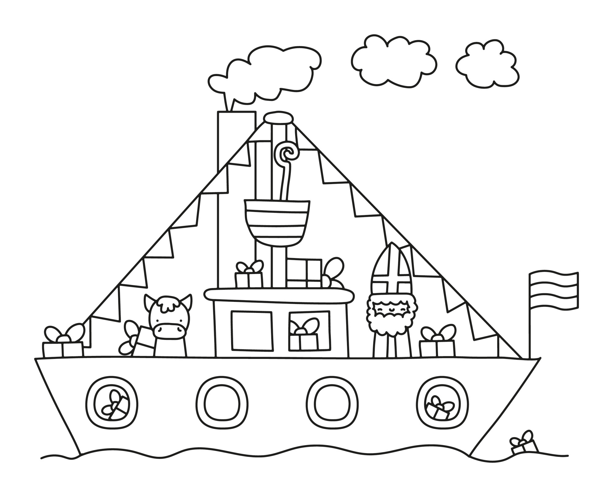 Раскраска для детей: корабль пароход с животными на борту