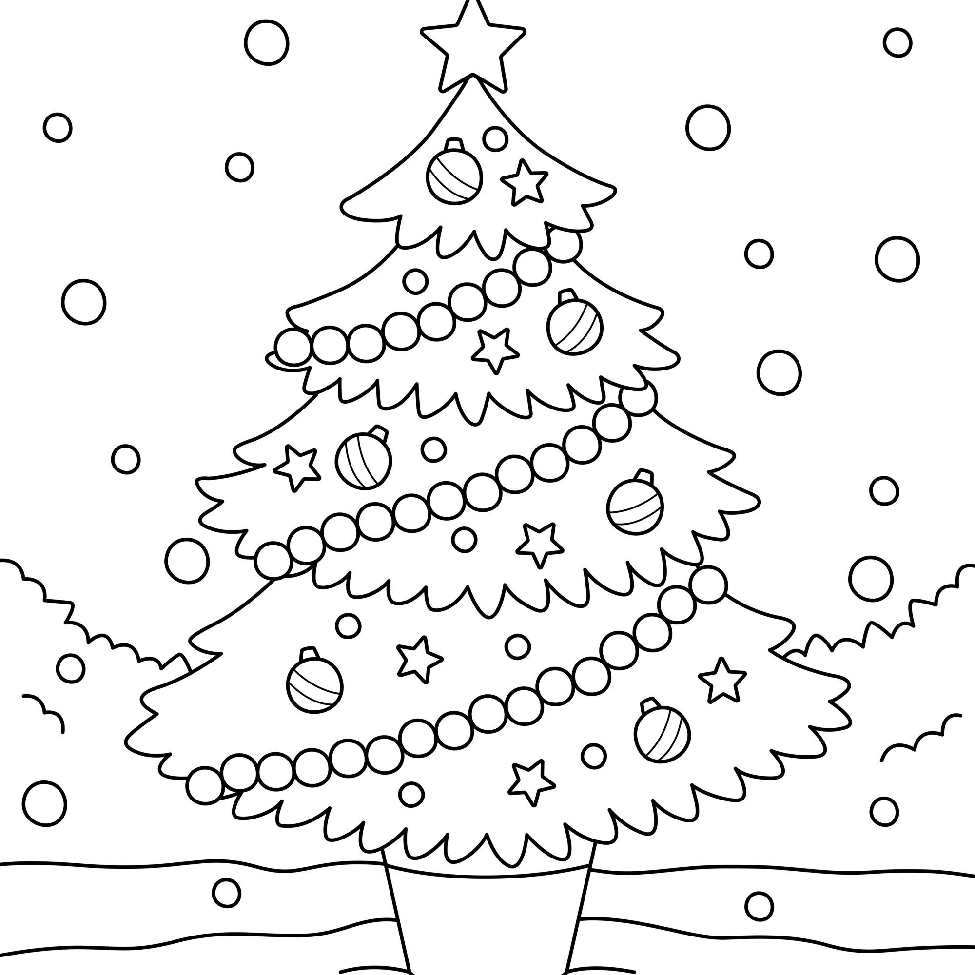 Раскраска для детей: новогодняя ёлка в снежном лесу